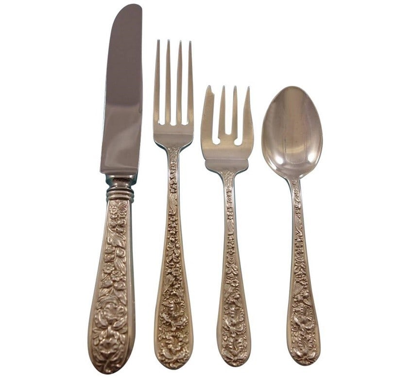 Stieff Corsage sterling silver 57 piece flatware service for 12 R monogram: Stieff Corsage sterling silver 57 piece flatware service for 12 R monogram This is a 57-piece Corsage pattern sterling silver flatware set by Stieff, crafted in the United States between 1900 and 1940
