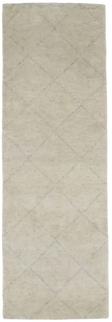 Hand Knotted Wool Tribal Runner Rug 2'8 x 8'1: Hand Knotted Wool Tribal Runner Rug 2'8 x 8'1 This handmade Moroccan-style runner rug features a contemporary tribal design with geometric patterns in cream and beige tones. Hand-knotted from wool, it