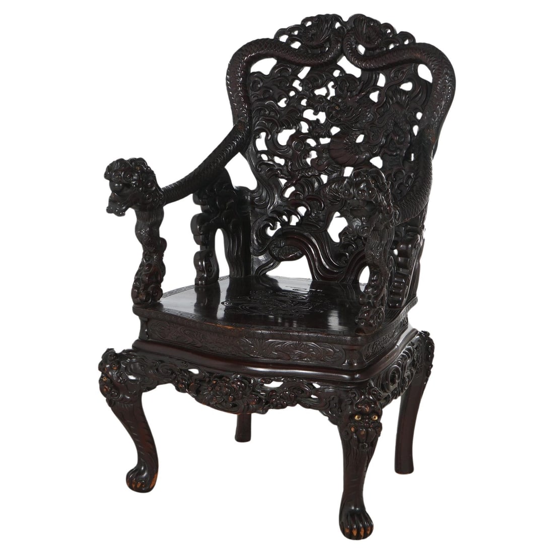 Antique Chinese Carved Rosewood Queen Chair with Dragon Motifs C1920: Antique Chinese Carved Rosewood Queen Chair with Dragon Motifs C1920 This exquisite antique Chinese Queen Throne Chair, crafted from rich rosewood and dating back to circa 1920, showcases masterful cr