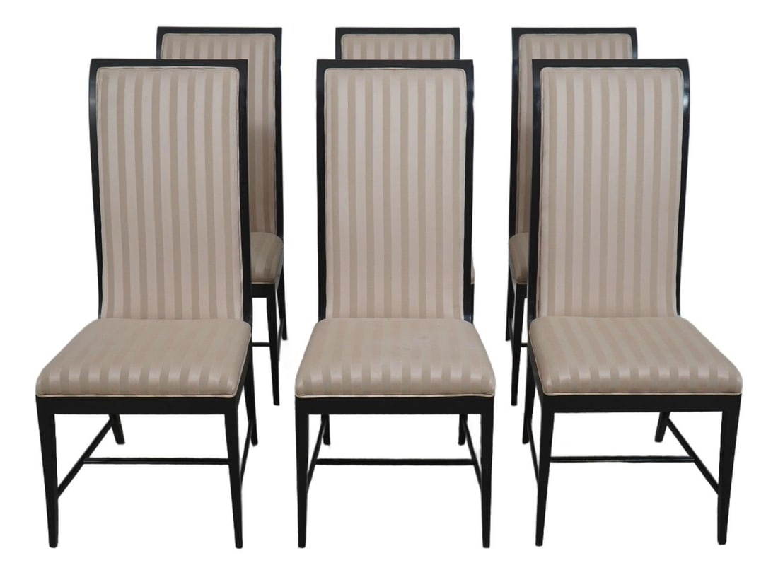 6 Regency style black lacquer dining chairs Set of 6: 6 Regency style black lacquer dining chairs Set of 6 This set includes six Regency style dining chairs, each featuring tall backs and a quality black lacquer finish. The chairs are approximately 30 ye