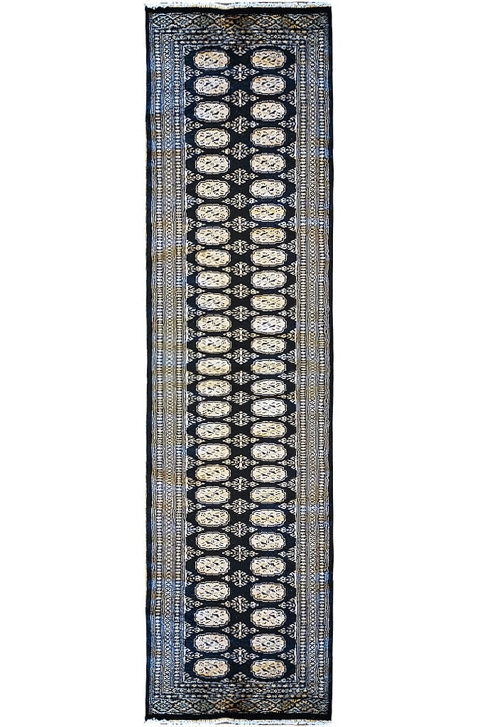 13' Handwoven Black Bokara Runner Rug 2.7 x 13.5 Wool: 13' Handwoven Black Bokara Runner Rug 2.7 x 13.5 Wool Free continental US Shipping Introducing the exquisite 13' Runner Black Bokara Rug, a perfect blend of timeless elegance and traditional craftsman