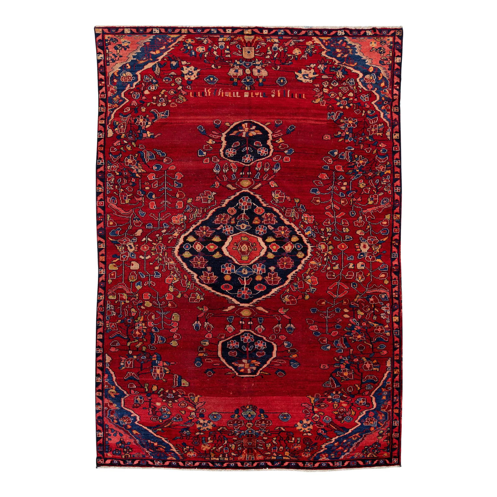Vintage Persian Hamadan Handmade Floral Wool Rug 6'1 x 9 Red: Vintage Persian Hamadan Handmade Floral Wool Rug 6'1 x 9 Red Discover the charm of this vintage Persian Hamadan hand-knotted wool rug, featuring a striking red field adorned with an intricate all-over