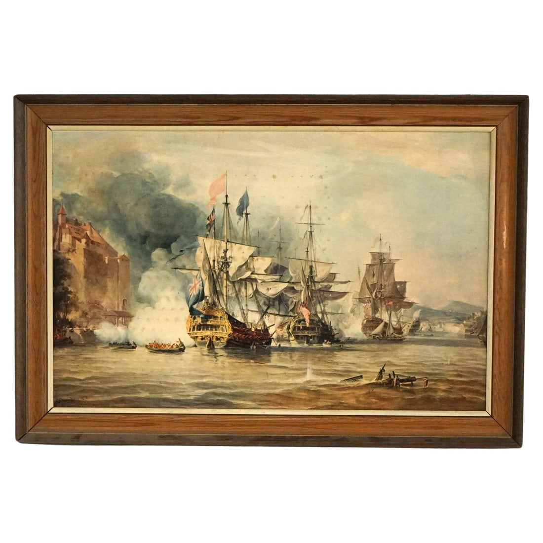 Framed mid century naval battle seascape print after Chambers: Framed mid century naval battle seascape print after Chambers This mid-century modern seascape print, dating from around the 1950s, is inspired by the works of Chambers. It features a dramatic depicti