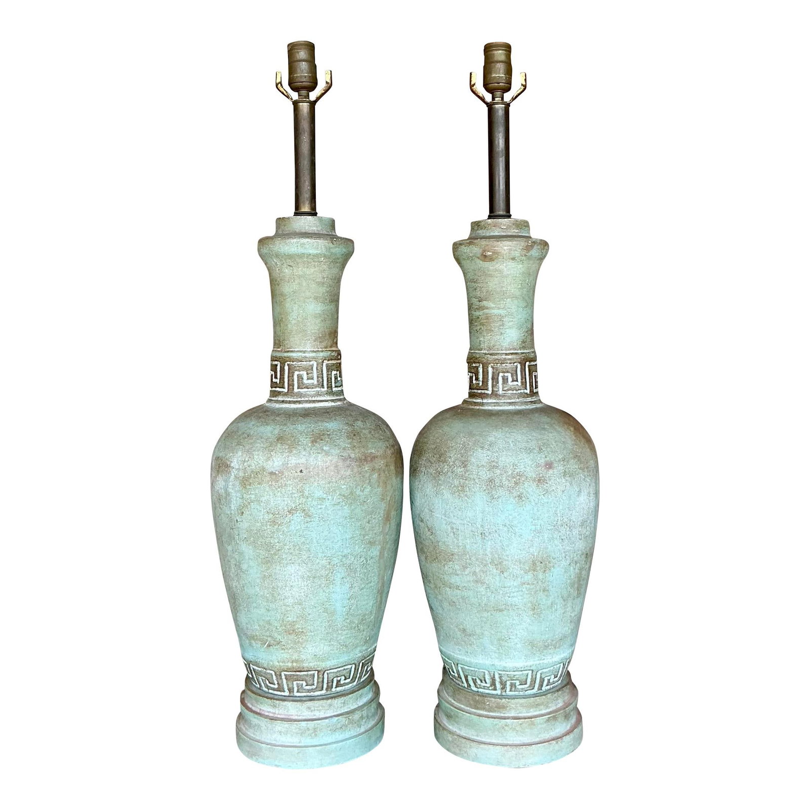 Pair of Vintage Boho Greek Key Ceramic Lamps Verdigris Finish: Pair of Vintage Boho Greek Key Ceramic Lamps Verdigris Finish Enhance your living space with this exquisite pair of Vintage Boho Greek Key Matte Glazed Ceramic Lamps. Showcasing a classic Greek Key de