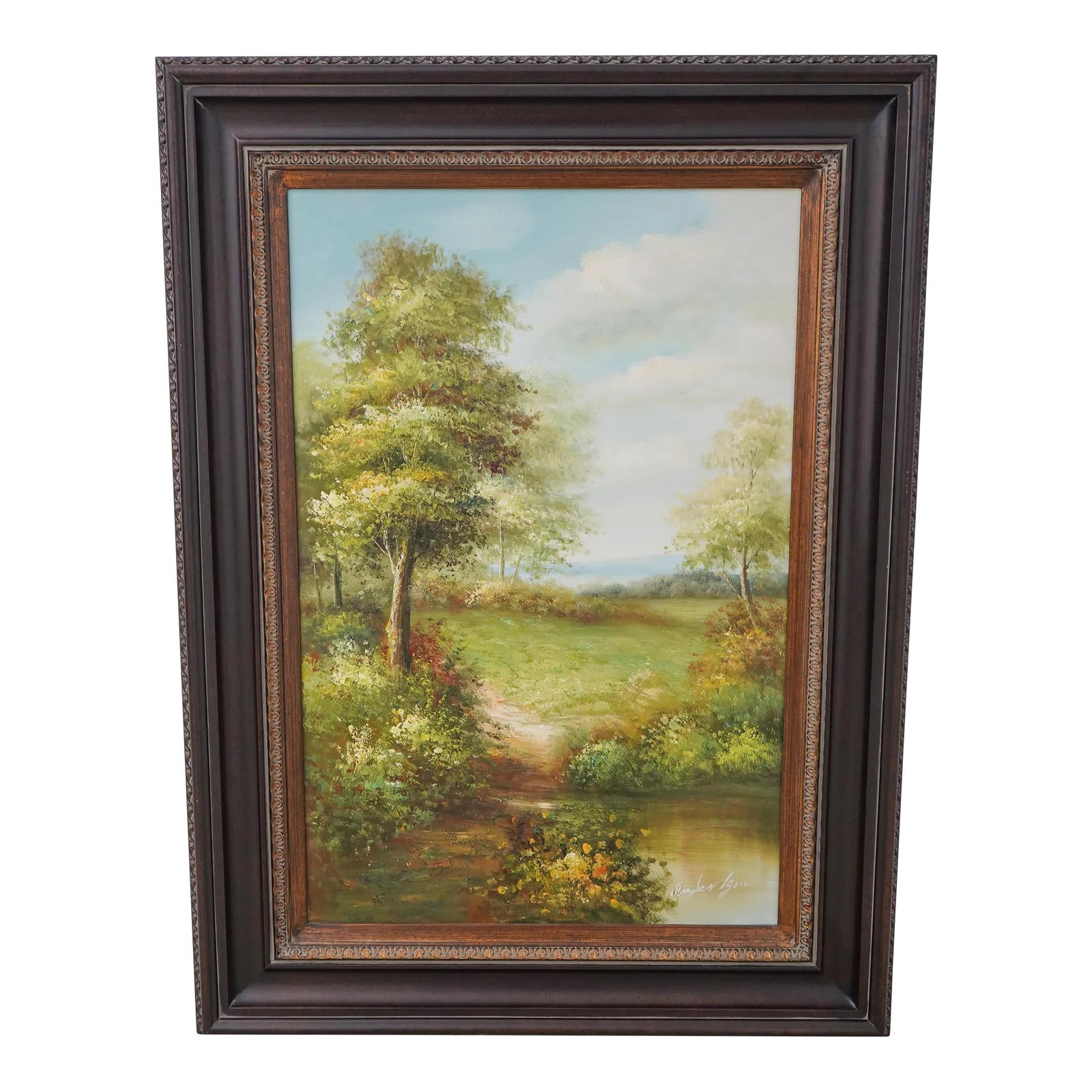 Contemporary Artist Signed Framed Oil Painting Meadow Trees 35 x 47.5: Contemporary Artist Signed Framed Oil Painting Meadow Trees 35 x 47.5 This captivating framed oil painting on canvas, featuring a serene depiction of meadow trees, is approximately 30 years old and sh