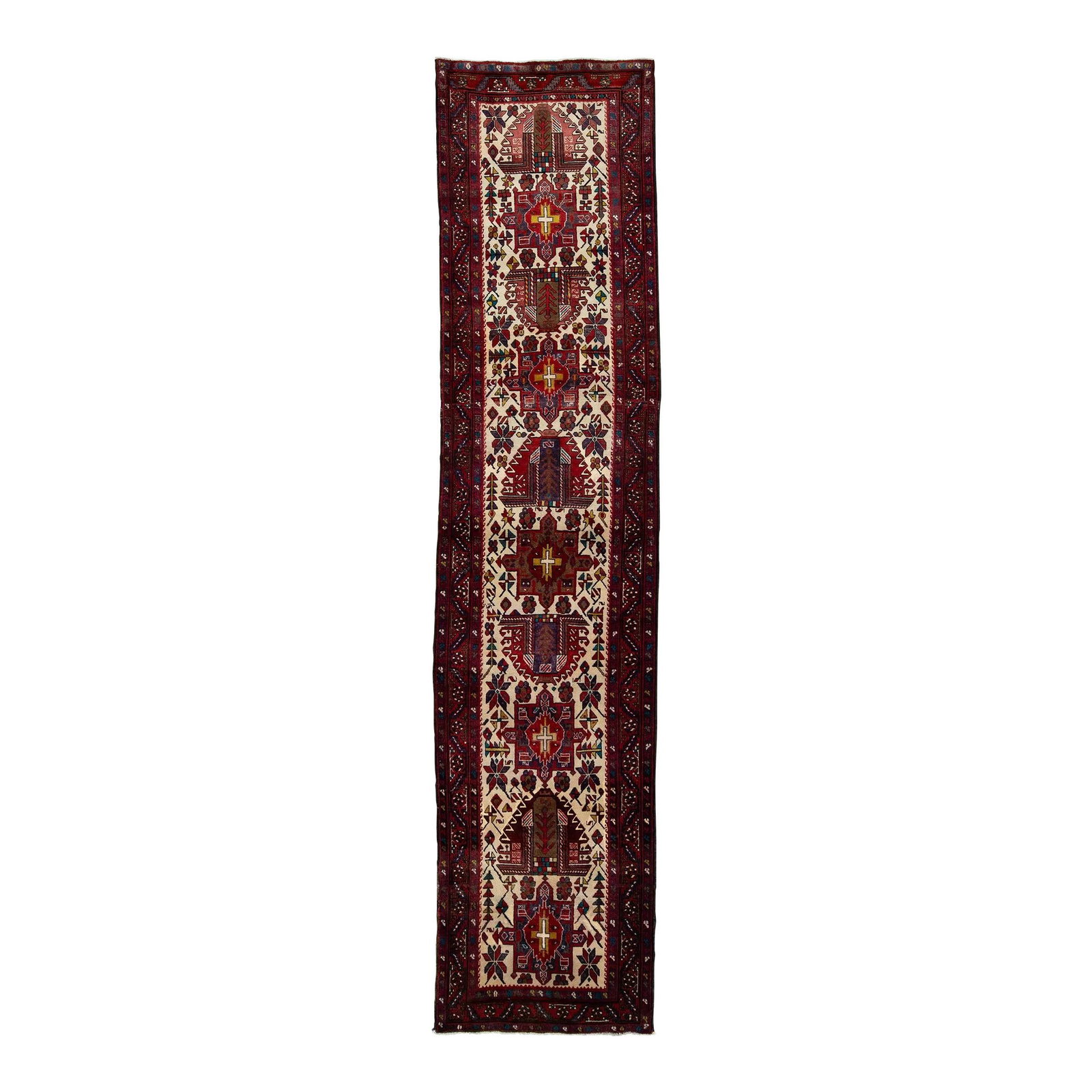 Vintage Persian Heriz Wool Runner 3'3 x 14'1 Multicolor Tribal Design: Vintage Persian Heriz Wool Runner 3'3 x 14'1 Multicolor Tribal Design This exquisite vintage Persian Heriz runner features a beige field adorned with a vibrant multicolor tribal design, showcasing the