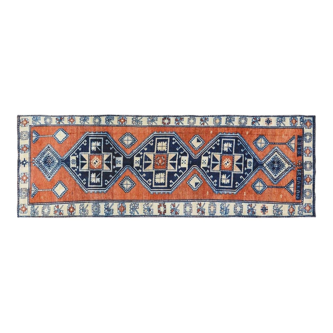 Hand-Knotted Wool Rug in Turkish Kars Style 3'9'' x 11'4'': Hand-Knotted Wool Rug in Turkish Kars Style 3'9'' x 11'4'' This vintage Turkish Kars rug is hand-knotted from wool using traditional techniques, combining classic artistry with a modern design sensibi