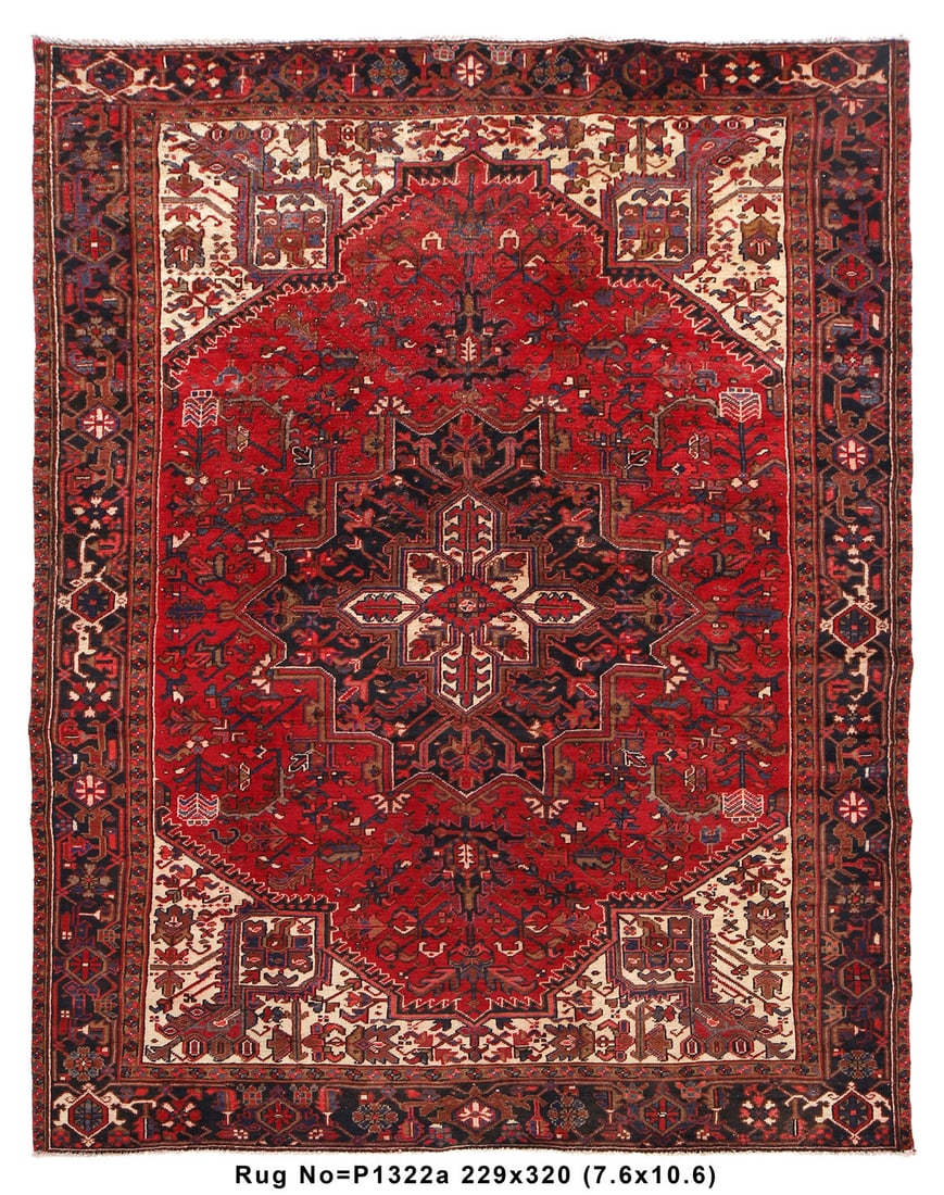 7.6 x 10.6 Tribal Persian Hand-Knotted Heriz Rug from Iran: 7.6 x 10.6 Tribal Persian Hand-Knotted Heriz Rug from Iran Free continental US Shipping Transform your living space with this stunning 7'6" x 10'6" Tribal Persian Hand-Knotted Heriz Rug. Expertly craf