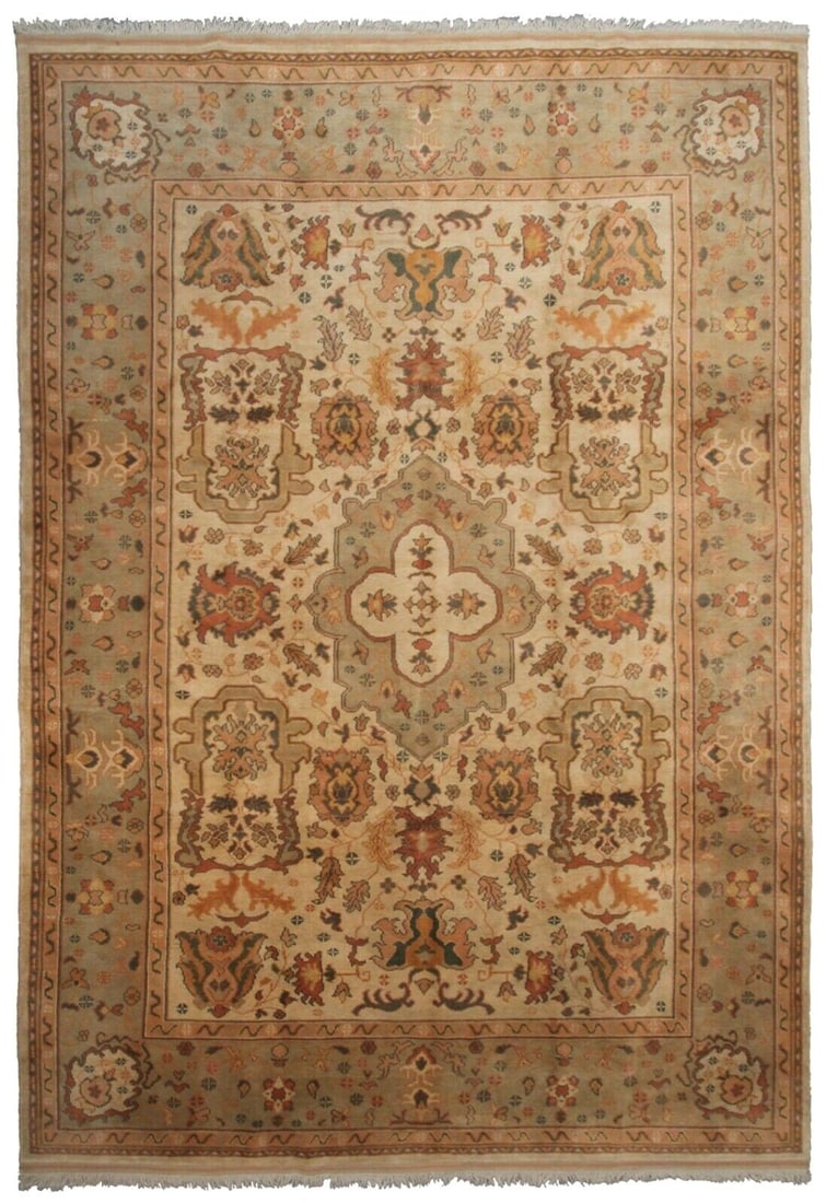 Hand Knotted Turkish Oushak Wool Area Rug 8'10 x 11'6 Arts Crafts: Hand Knotted Turkish Oushak Wool Area Rug 8'10 x 11'6 Arts Crafts This vintage Turkish Oushak area rug, dating to circa 1965, is hand-knotted from 100% wool and features a geometric Arts & Crafts desi