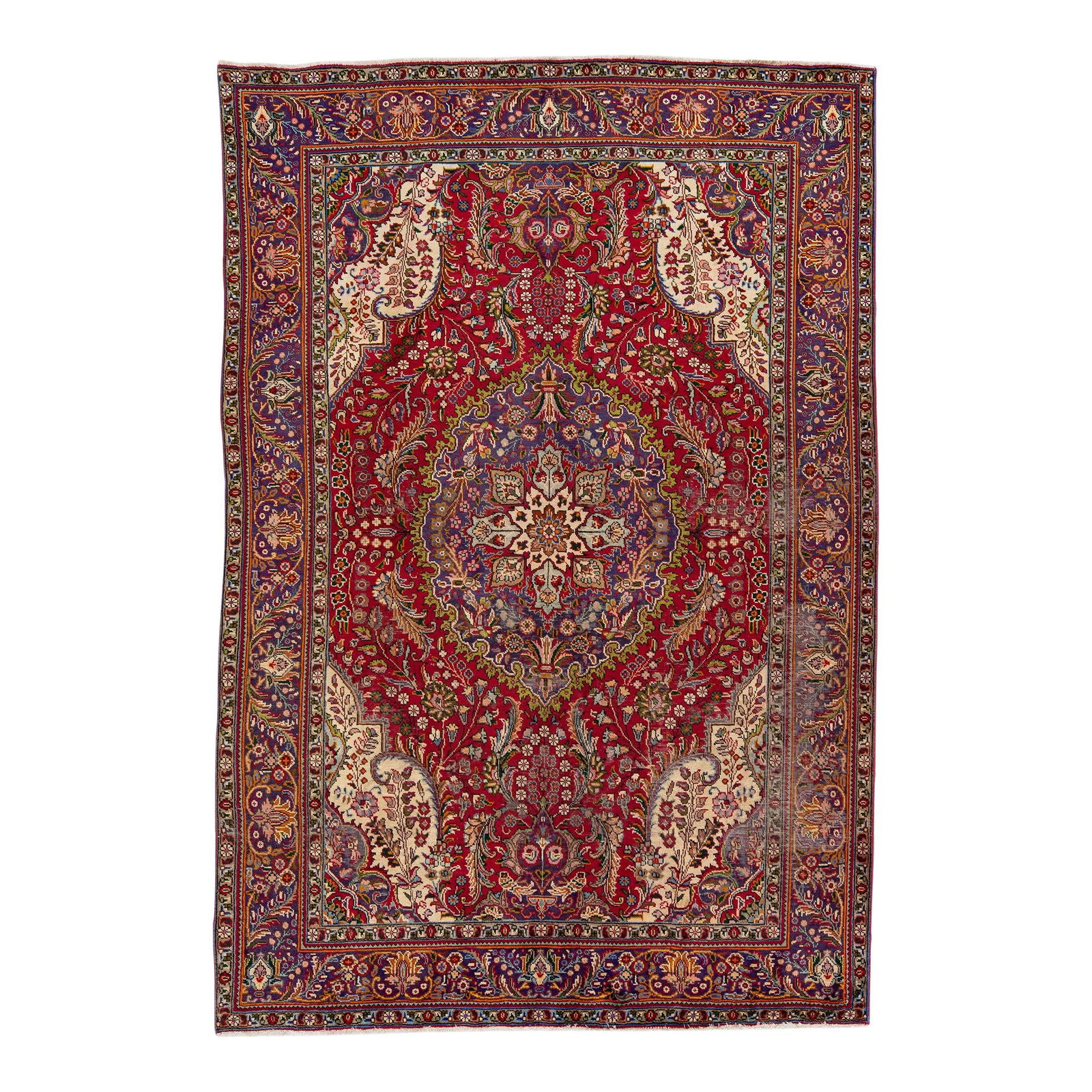 Vintage 1960s Persian Tabriz Red Wool Medallion Rug 6'6 x 9'7: Vintage 1960s Persian Tabriz Red Wool Medallion Rug 6'6 x 9'7 This exquisite vintage Persian Tabriz rug showcases a stunning hand-knotted design in rich red wool. The piece features a striking purple 