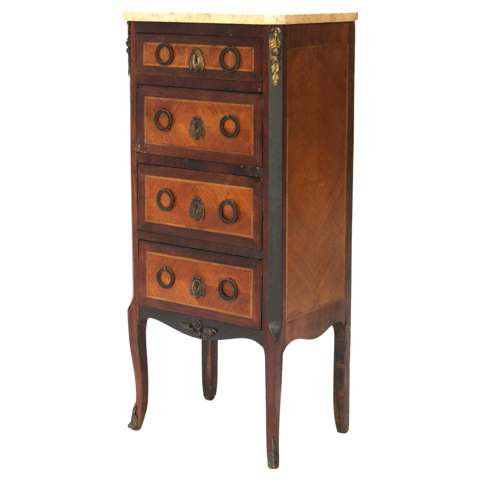 Circa 1900 Antique Satinwood Rosewood Ormolu Marble Top Lingerie Chest: Circa 1900 Antique Satinwood Rosewood Ormolu Marble Top Lingerie Chest This exquisite lingerie chest, crafted around 1900, showcases a harmonious blend of satinwood and rosewood, elegantly accented wi
