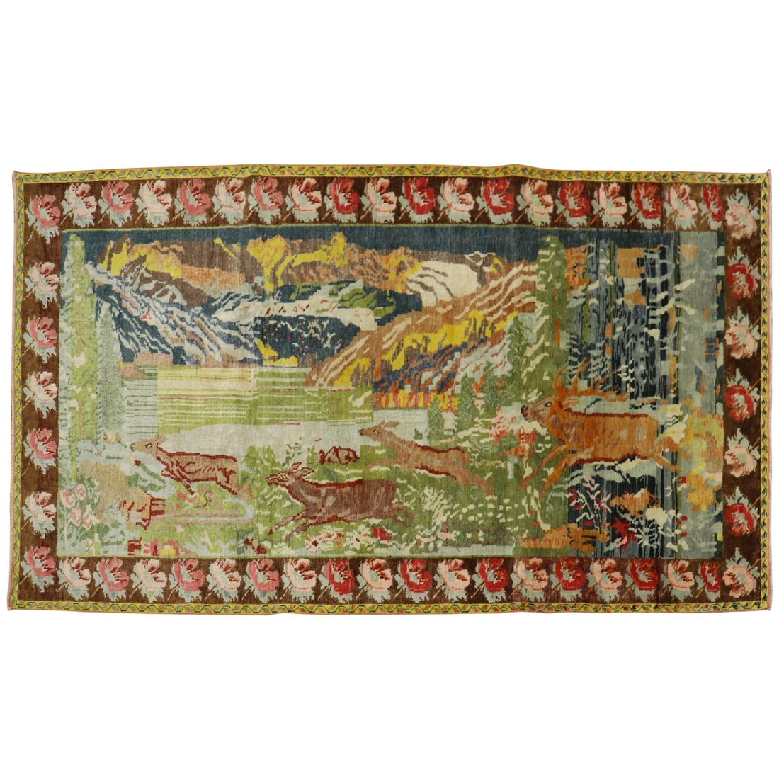 Vintage Mid-20th Century Russian Karabagh Rug with Running Deers: Vintage Mid-20th Century Russian Karabagh Rug with Running Deers This exquisite mid-20th century Russian Karabagh rug features a charming folk art design with four running deer set against a scenic ba