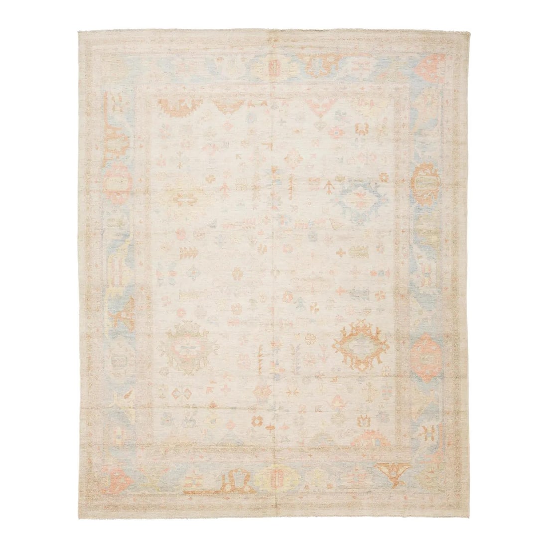 12'2 x 15'2 Handmade Wool Oushak Style Geometric Rug: 12'2 x 15'2 Handmade Wool Oushak Style Geometric Rug This handmade wool rug showcases a modern take on classic Turkish Oushak design, featuring a soft ivory background with geometric motifs in muted p