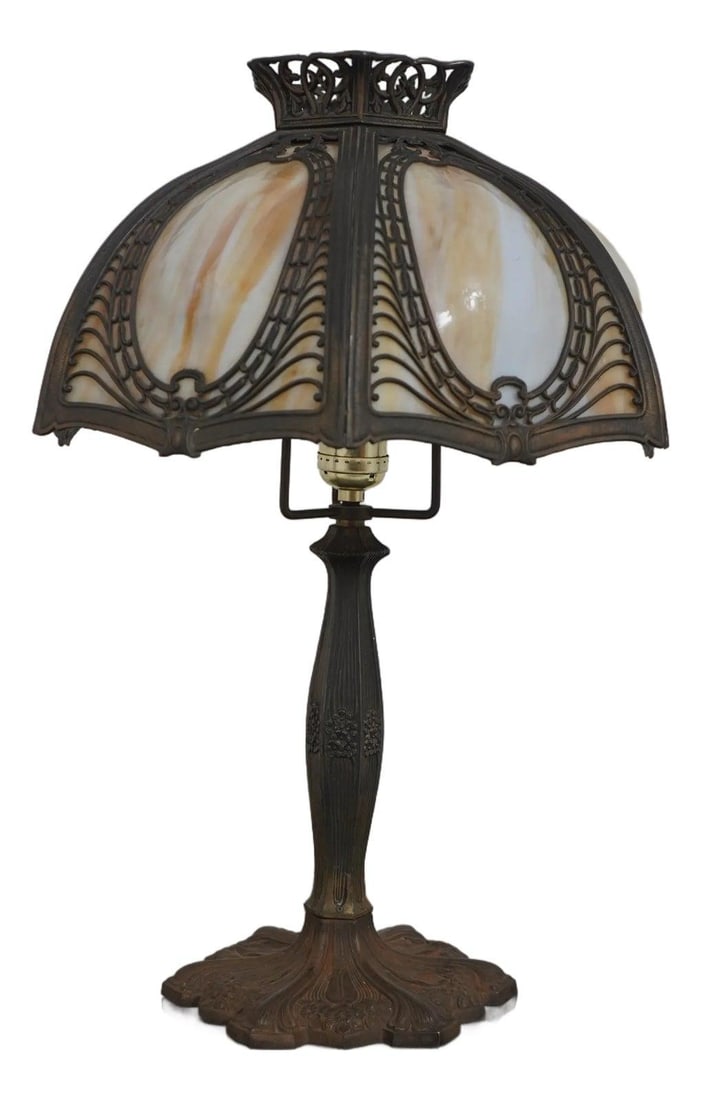 Early 1900s Gold Slag Glass Table Lamp Possibly Bradley & Hubbard: Early 1900s Gold Slag Glass Table Lamp Possibly Bradley & Hubbard This stunning Vintage Early 1900's Slag Glass Table Lamp features beautifully crafted bubble curved slag glass panels, offering a uniq