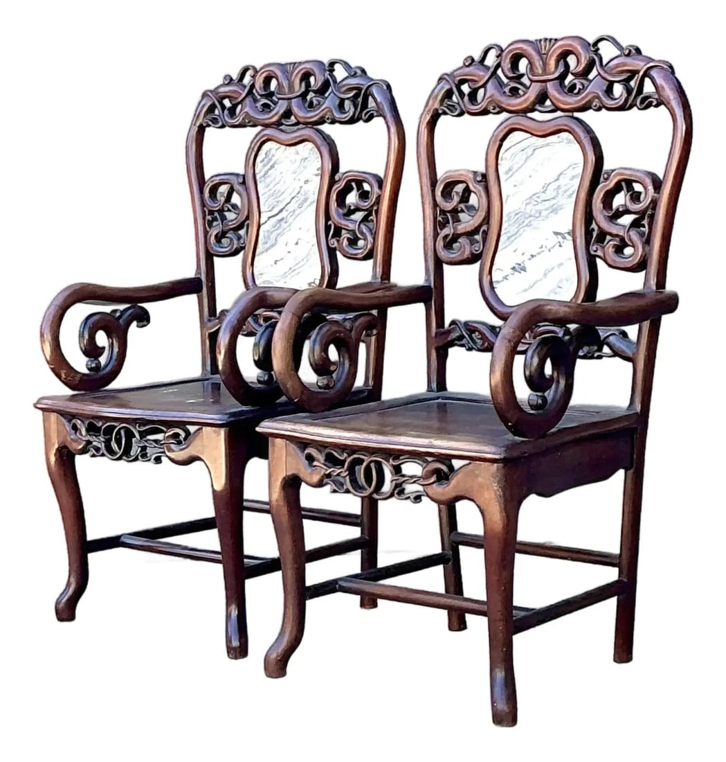 Pair of Chinese Rosewood Armchairs with Marble Inserts: Pair of Chinese Rosewood Armchairs with Marble Inserts This pair of vintage Chinese armchairs is hand-crafted from solid rosewood-toned hardwood and features distinctive "dreamstone" marble inserts on