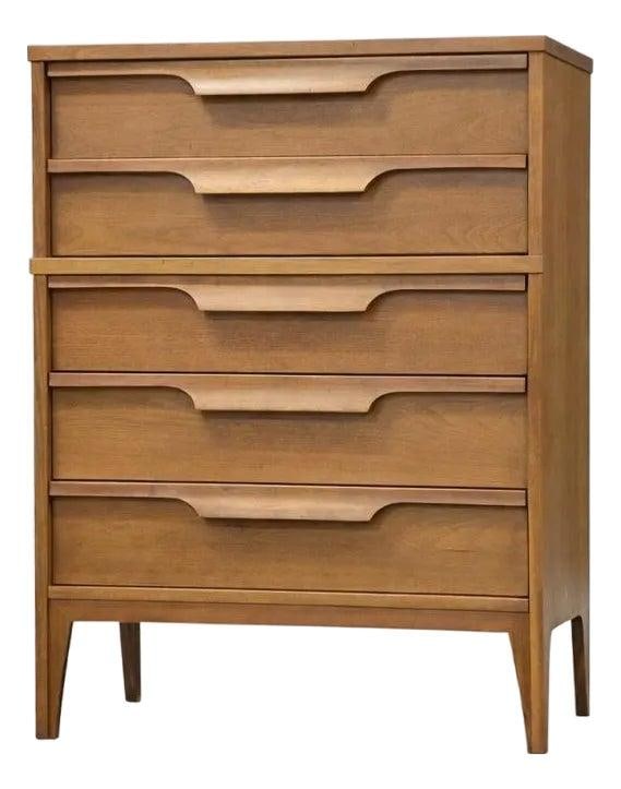 Mid Century Walnut Highboy Dresser With Formica Top Circa 1960s: Mid Century Walnut Highboy Dresser With Formica Top Circa 1960s This mid-century tall dresser by Johnson Carper features a classic walnut construction with a scratch-resistant formica top. Crafted in 