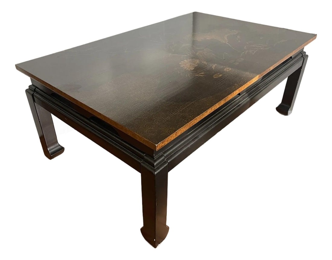 Ming Style Coffee Table with Gold Floral and Egret Motif on Black Lacquer: Ming Style Coffee Table with Gold Floral and Egret Motif on Black Lacquer This vintage Ming style coffee table features a striking black lacquer finish with an elegant gold floral design and a large e