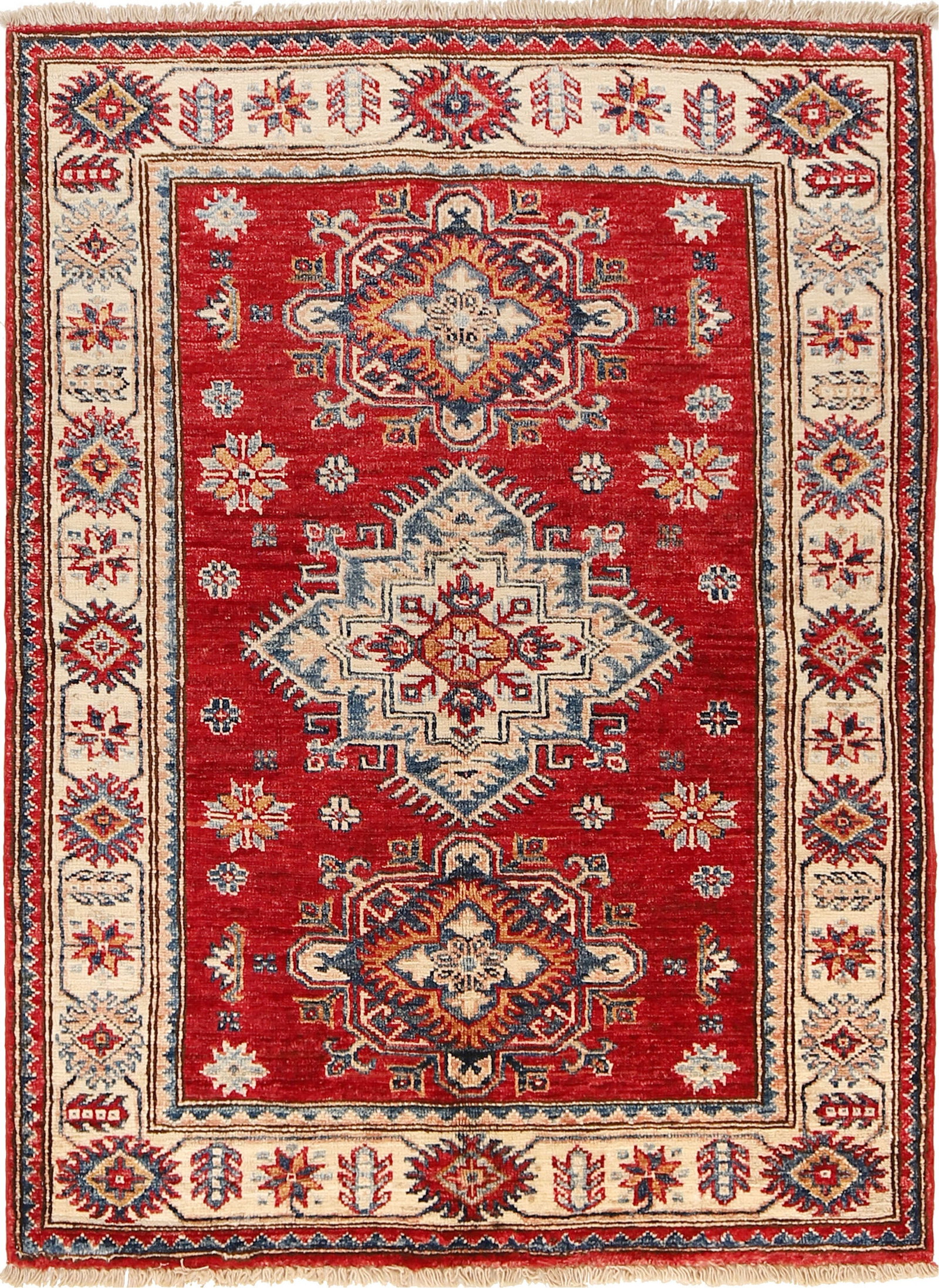 3.4 x 4.4 Hand-knotted Super Kazak Area Rug in Red Wool: 3.4 x 4.4 Hand-knotted Super Kazak Area Rug in Red Wool Free continental US Shipping Introducing the exquisite 3.4 x 4.4 Super Kazak Area Rug, a masterpiece that showcases artisanal craftsmanship and 