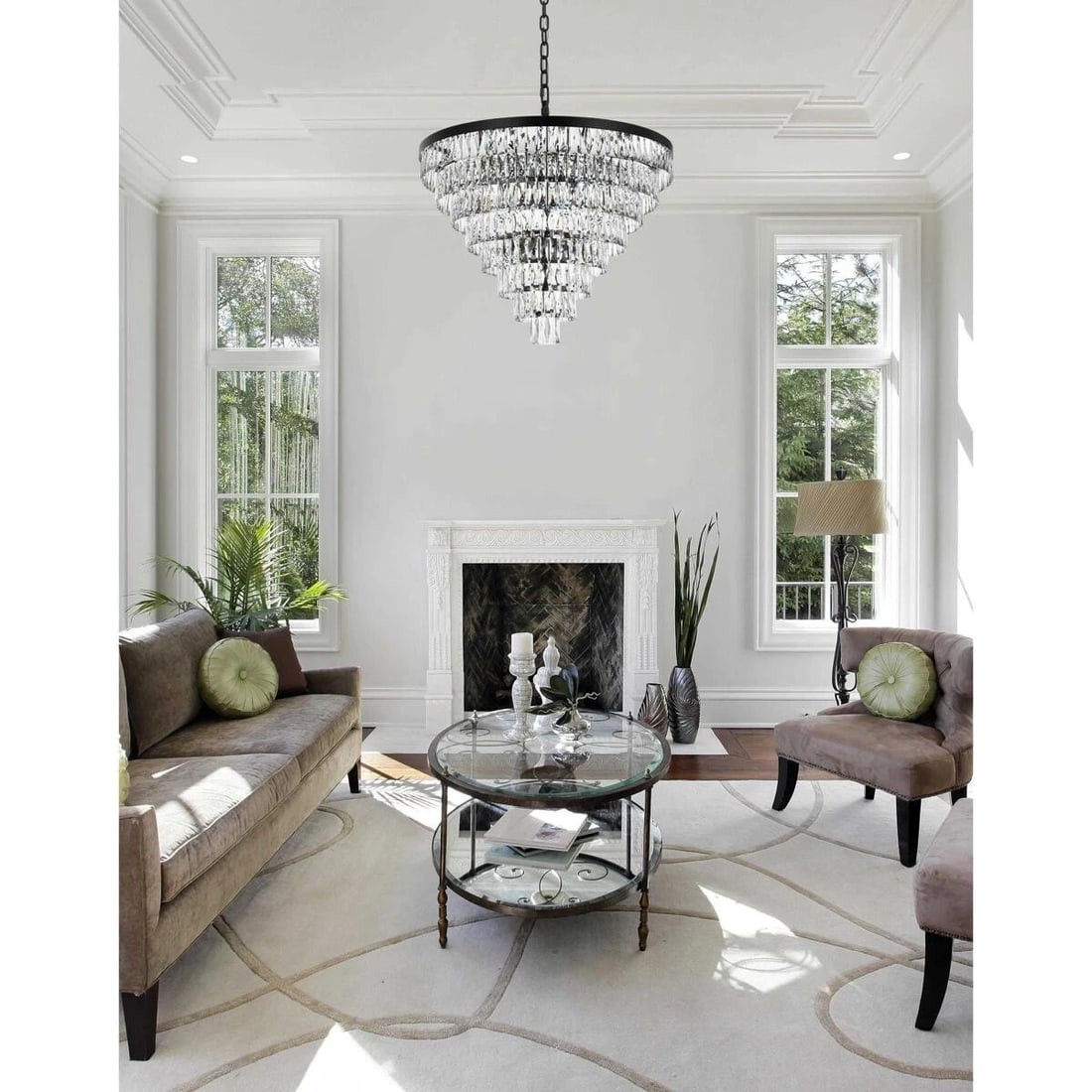 Josephine 36 in Black Crystal 29 Light Chandelier: Josephine 36 in Black Crystal 29 Light Chandelier Large modern black crystal chandelier light fixture for indoor use, suitable for a foyer or over a dining room table. It features 29 lights, clear roy