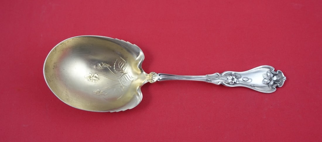 Gold Washed Sterling Silver Berry Spoon 8 3/4 Inch Violet Pattern: Gold Washed Sterling Silver Berry Spoon 8 3/4 Inch Violet Pattern This sterling silver berry spoon features the elegant Violet pattern by Whiting, with intricate violets decorating the bowl. The spoon