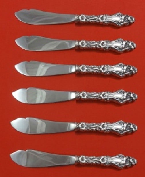 Whiting Lily Sterling Silver Trout Knife Set 6pc Custom Hollow Handle: Whiting Lily Sterling Silver Trout Knife Set 6pc Custom Hollow Handle Enhance your dining experience with this exquisite 6-piece trout knife set in the elegant "Lily" pattern by Whiting. Crafted from 