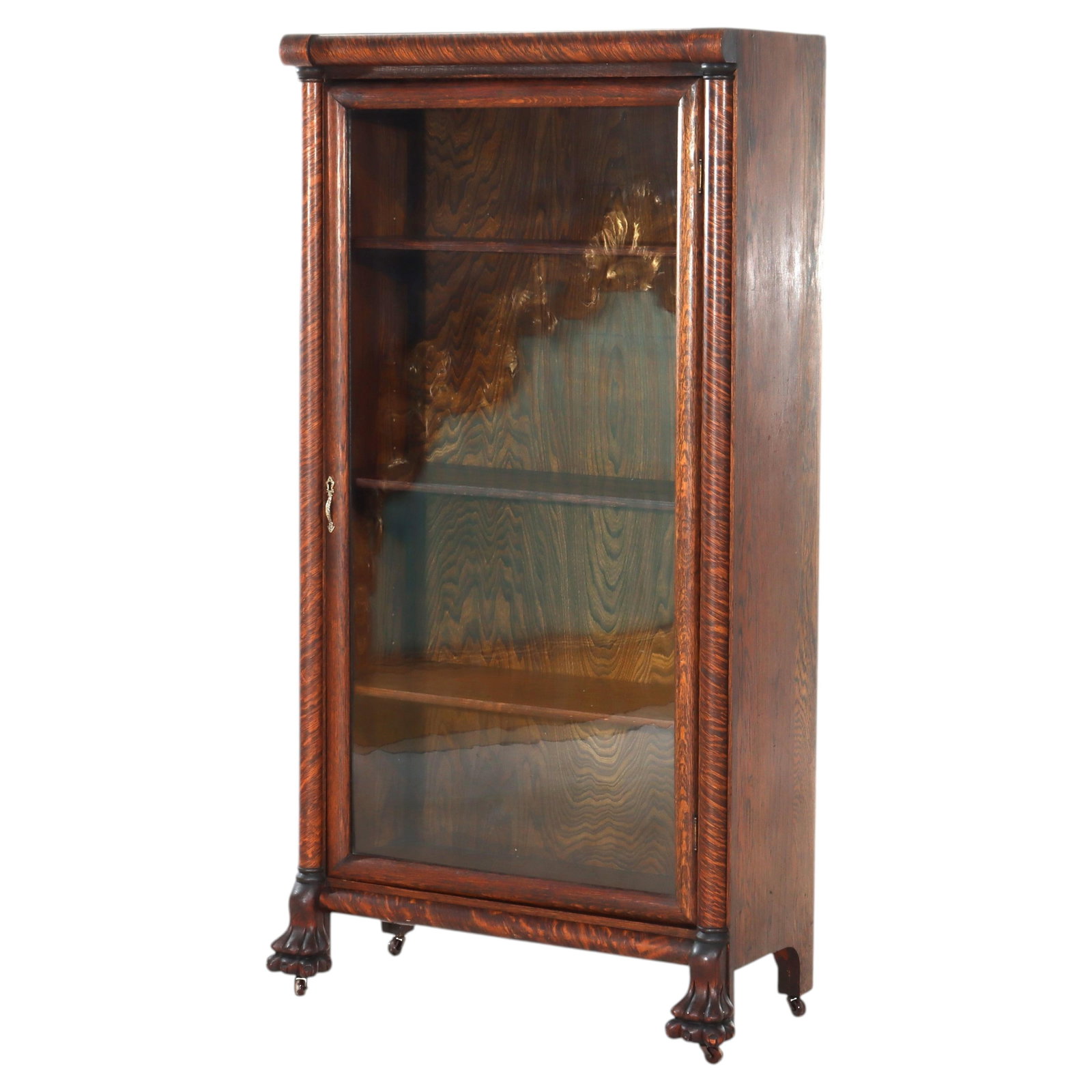 Oak Bookcase With Glass Door Claw Feet and Reeded Columns Arts and Crafts c1920: Oak Bookcase With Glass Door Claw Feet and Reeded Columns Arts and Crafts c1920 This antique Arts & Crafts bookcase, crafted from oak and dating to around 1920, showcases the movement's emphasis on cr