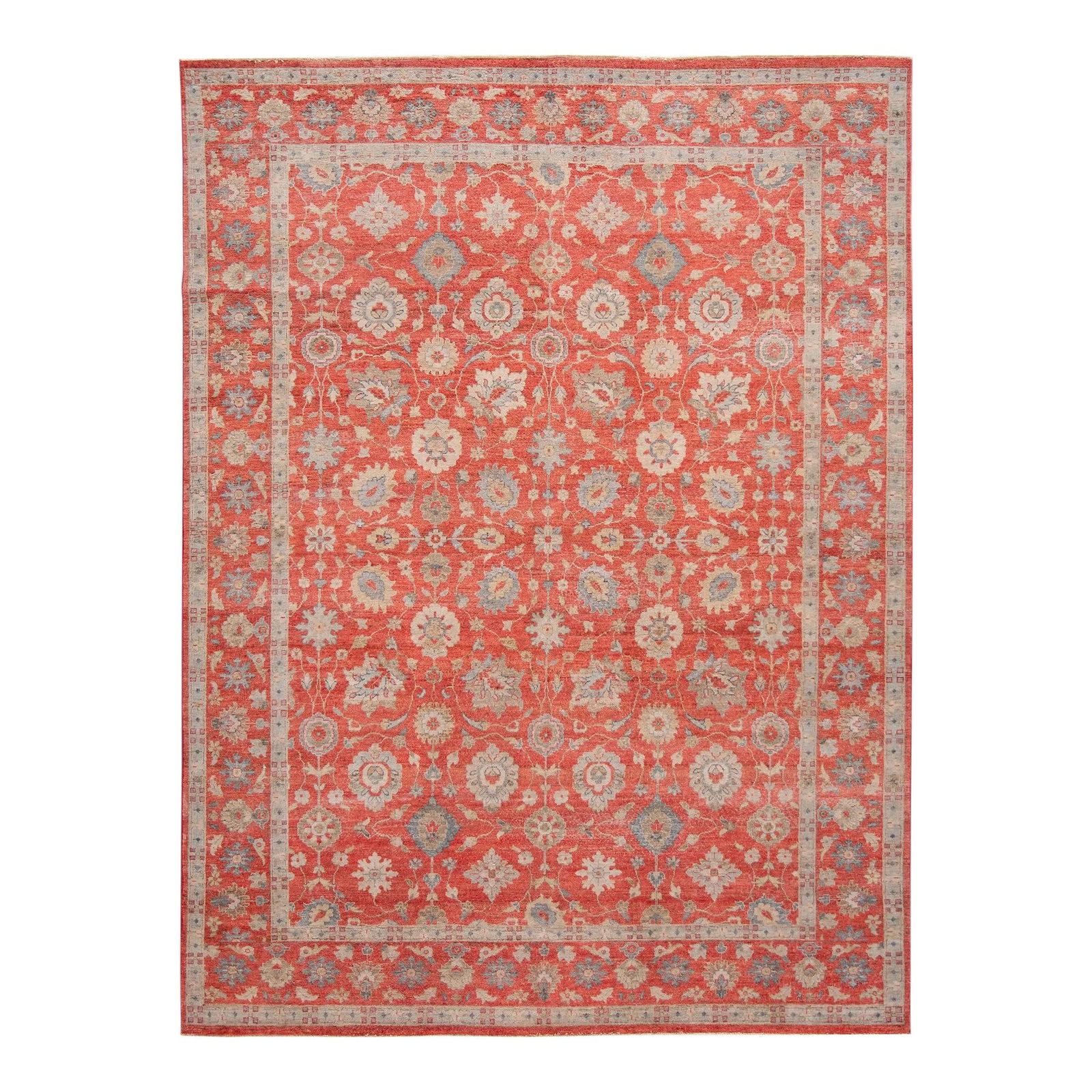 Handmade Red Indian Wool Rug 8'10 x 11'9 Floral Motif: Handmade Red Indian Wool Rug 8'10 x 11'9 Floral Motif This stunning contemporary Indian rug showcases exquisite craftsmanship with its hand-knotted wool construction. It features a vibrant red field a