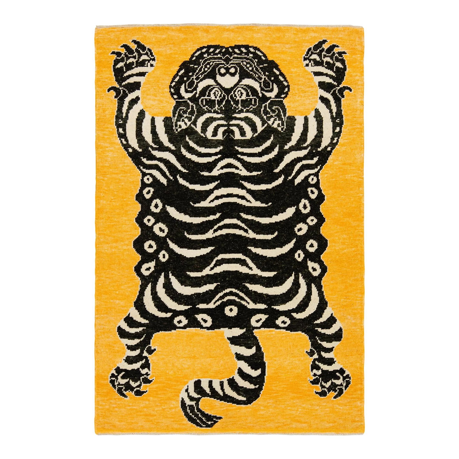 Turkish Art Deco 5 x 7 Hand Knotted Wool Rug Goldenrod Tiger Design: Turkish Art Deco 5 x 7 Hand Knotted Wool Rug Goldenrod Tiger Design Enhance your space with this stunning Turkish Art Deco wool rug, featuring a vibrant goldenrod field complemented by striking black 