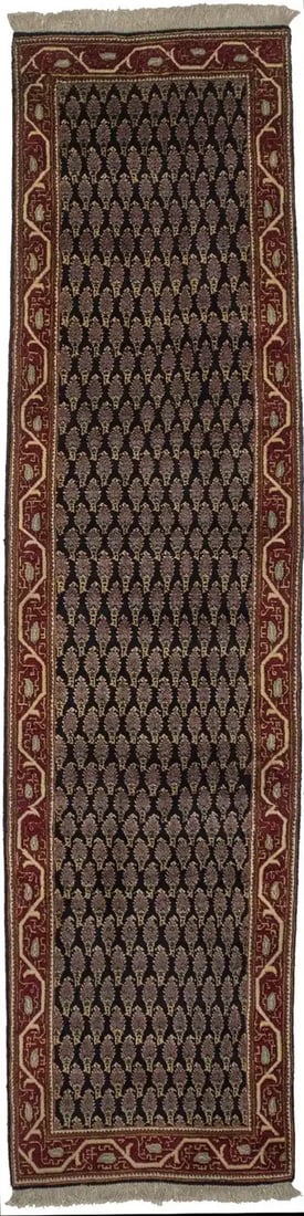 2'7 x 10'9 Hand-Knotted Wool Runner Rug Vintage Navy Floral Design: 2'7 x 10'9 Hand-Knotted Wool Runner Rug Vintage Navy Floral Design This vintage hand-knotted runner rug features a classic oriental floral pattern in dark navy, cream, red, medium brown, green, and ye