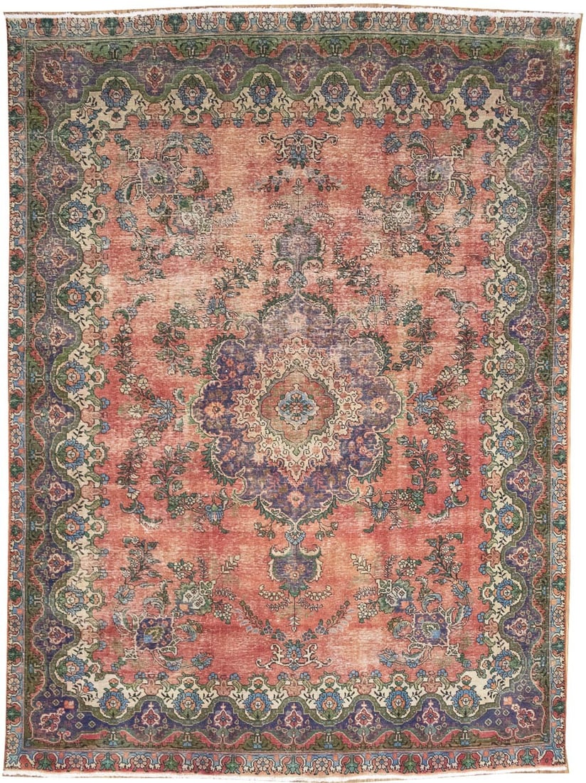 Hand Knotted Wool Oriental Area Rug 9'7 x 13'1 Vintage Floral: Hand Knotted Wool Oriental Area Rug 9'7 x 13'1 Vintage Floral This semi-antique Oriental rug features a distressed, muted color palette with shades of red, purple-navy, cream, green, and olive. Hand-k