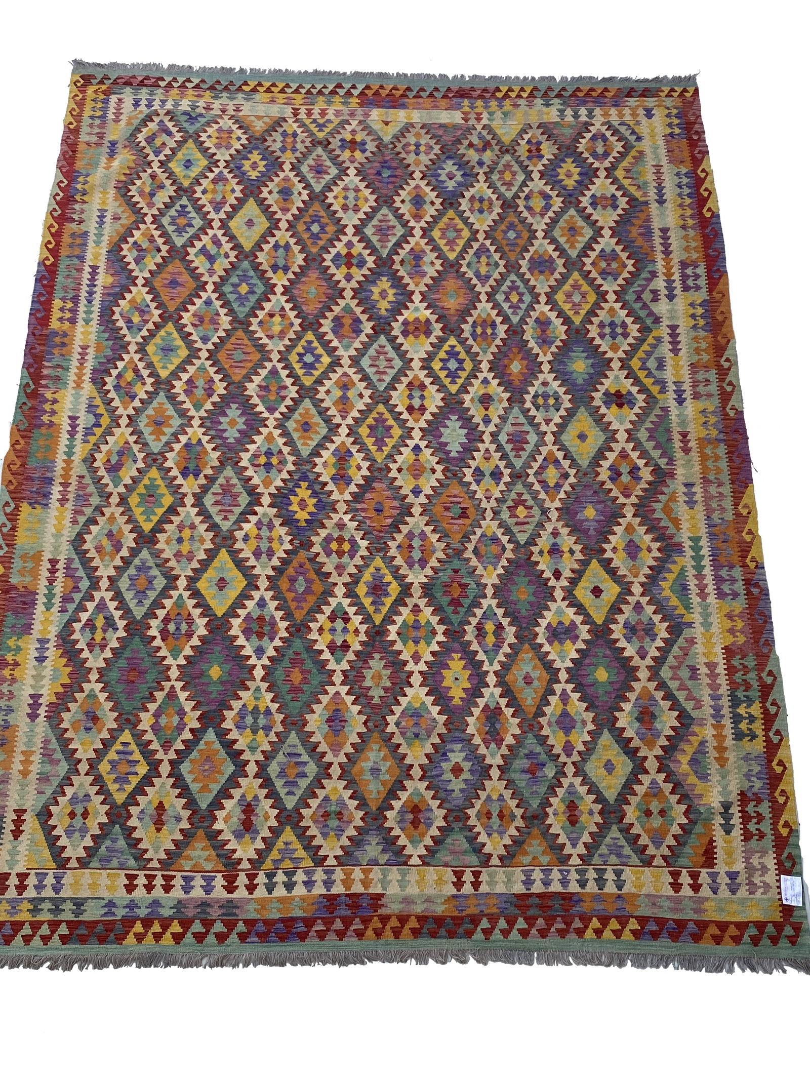 10 x 13 Handmade Multi-Color Ivory Kilim Rug Geometric Design Afghanistan: 10 x 13 Handmade Multi-Color Ivory Kilim Rug Geometric Design Afghanistan Free continental US Shipping Introducing a stunning 10' x 13' Multi-Color Ivory Kilim Rug, a perfect blend of tradition and co