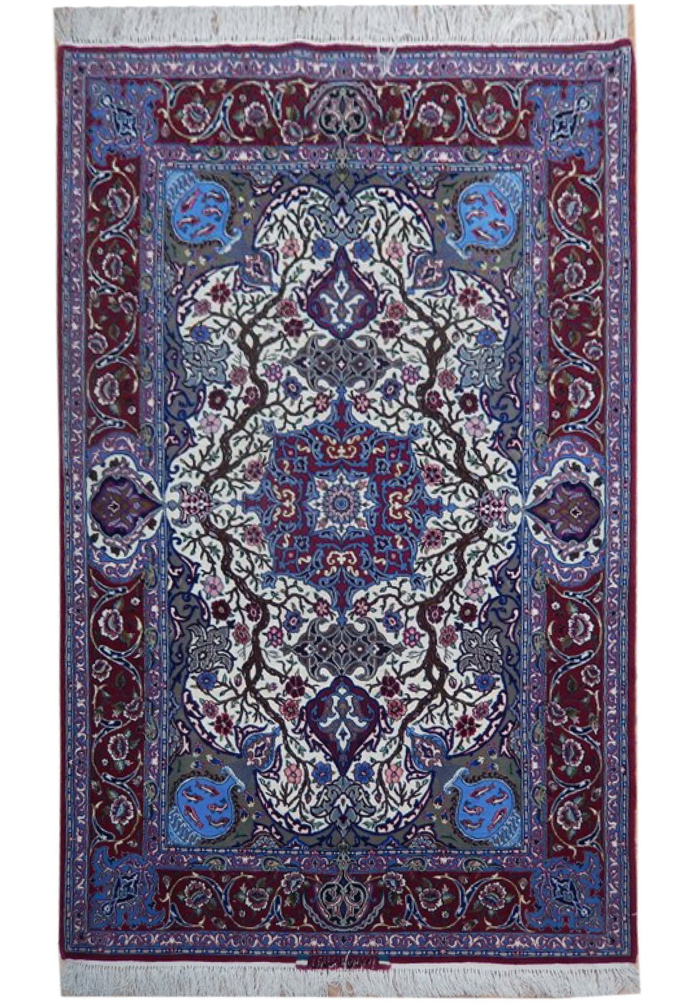 Signed Persian Esfahan Wool Silk Rug 3.7 x 5.7 500 KPSI: Signed Persian Esfahan Wool Silk Rug 3.7 x 5.7 500 KPSI Free continental US Shipping This authentic Persian Esfahan rug measures 3.7 x 5.7 feet and is signed, showcasing exceptional craftsmanship. Han