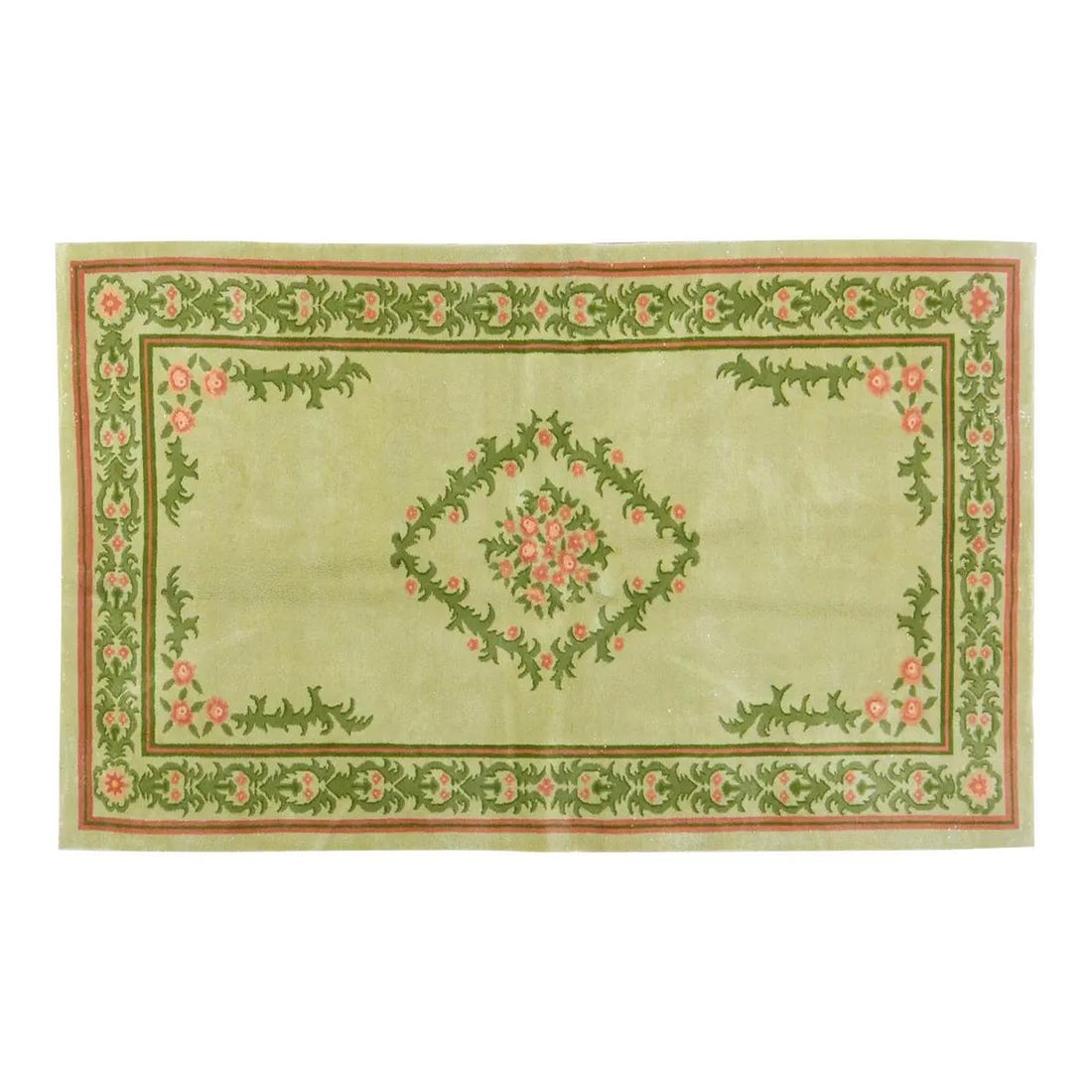Hand-Knotted Wool Chinese Art Deco Rug in Asparagus 5'x8'2": Hand-Knotted Wool Chinese Art Deco Rug in Asparagus 5'x8'2" This vintage Chinese Art Deco rug is hand-knotted from wool using traditional techniques. It features a soft texture and timeless craftsmans