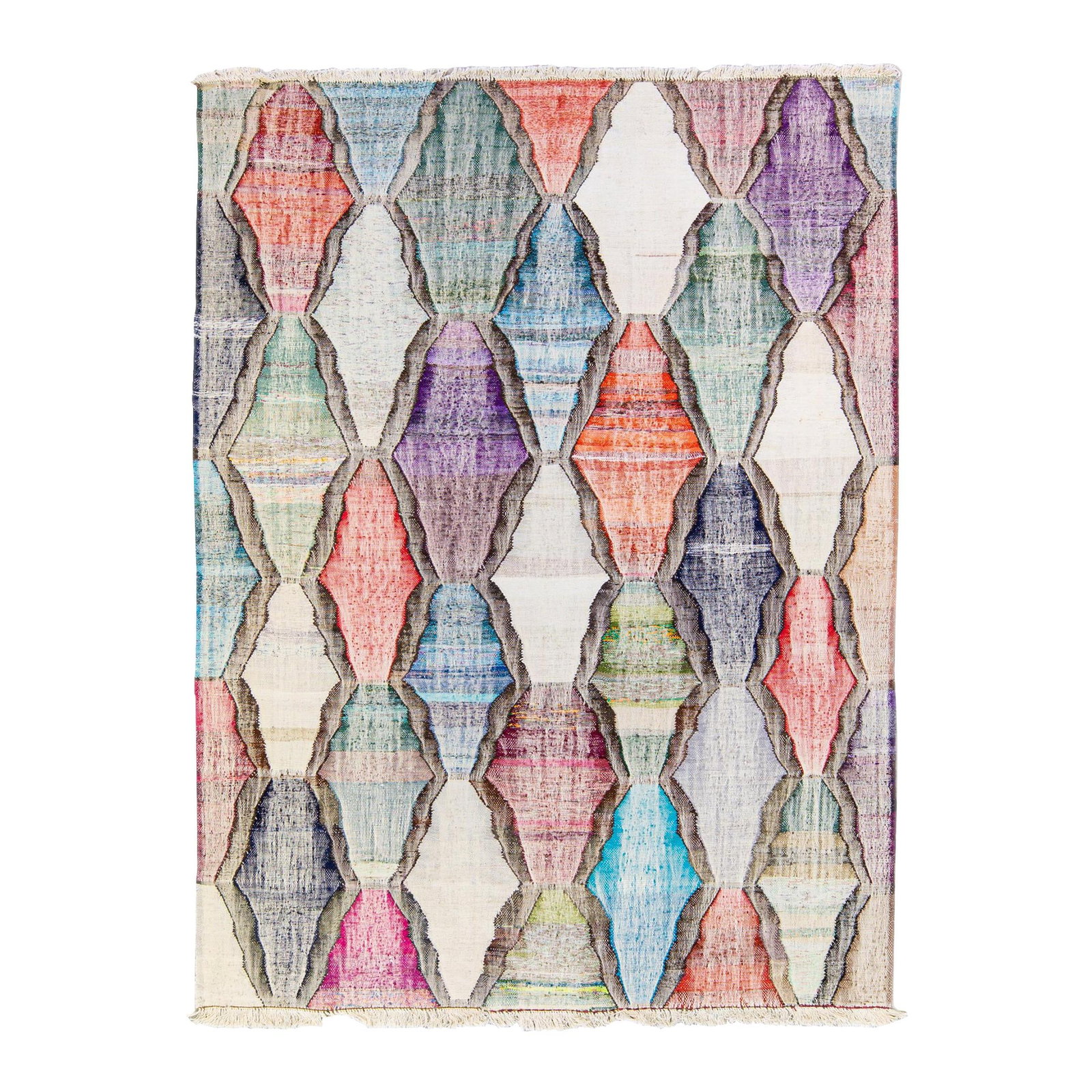 Multicolor Contemporary Kilim Wool Rug 8'6 x 11'8 Geometric Design: Multicolor Contemporary Kilim Wool Rug 8'6 x 11'8 Geometric Design Enhance your living space with this stunning contemporary Kilim handmade geometric multicolor wool rug. Featuring a vibrant multicolo