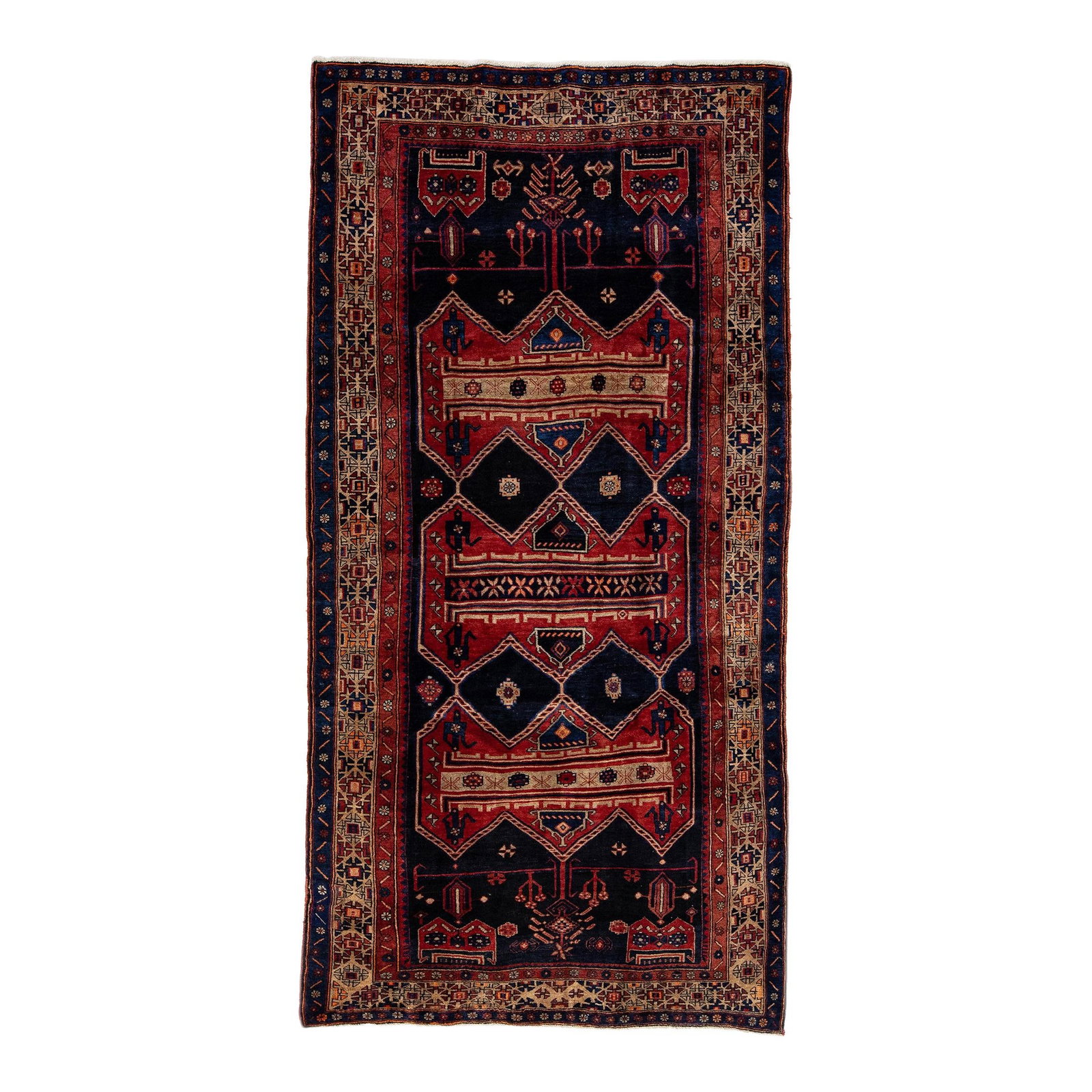 Vintage Bidjar Handmade Wool Rug 4'6 x 9' Navy Blue Geometric: Vintage Bidjar Handmade Wool Rug 4'6 x 9' Navy Blue Geometric This exquisite vintage Bidjar rug features a stunning hand-knotted wool construction with a rich navy blue color field. Adorned with a tan