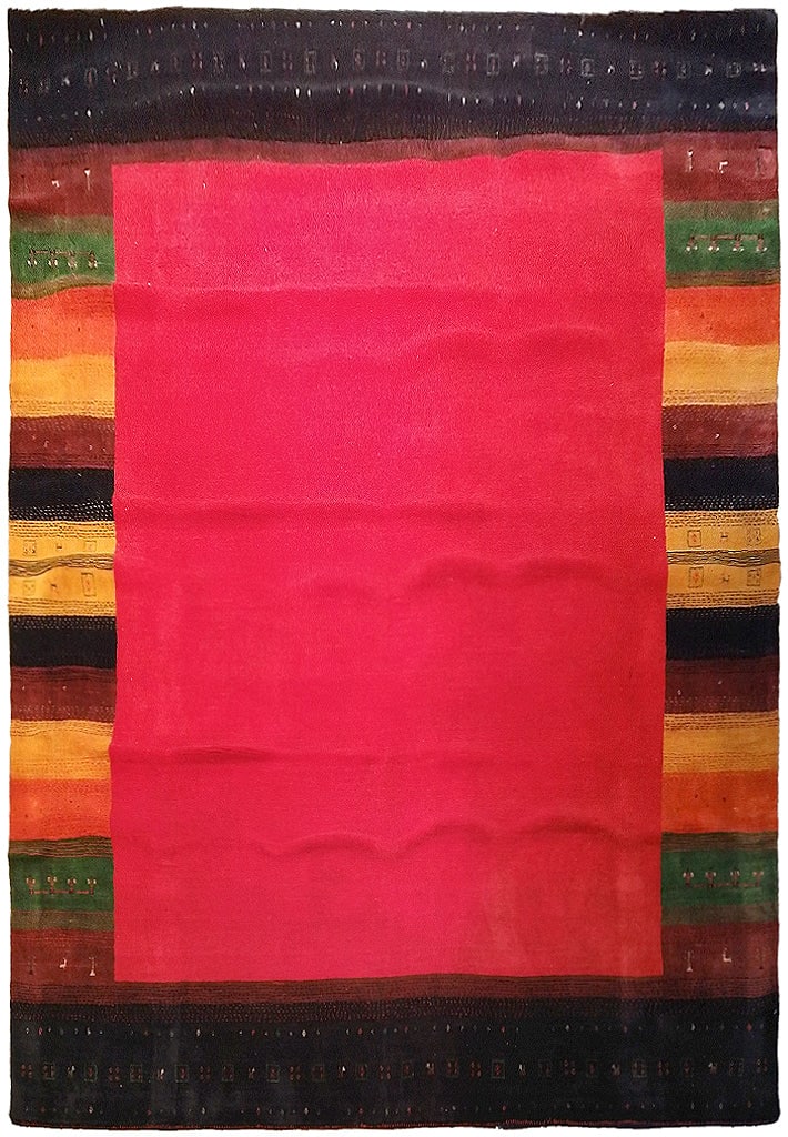 Handmade Gabbeh Rug 8.3 x 9.11 Red with Colorful Border India: Handmade Gabbeh Rug 8.3 x 9.11 Red with Colorful Border India Free continental US Shipping Add a touch of elegance to your home with this stunning Gabbeh rug, featuring a vibrant colorful border and a