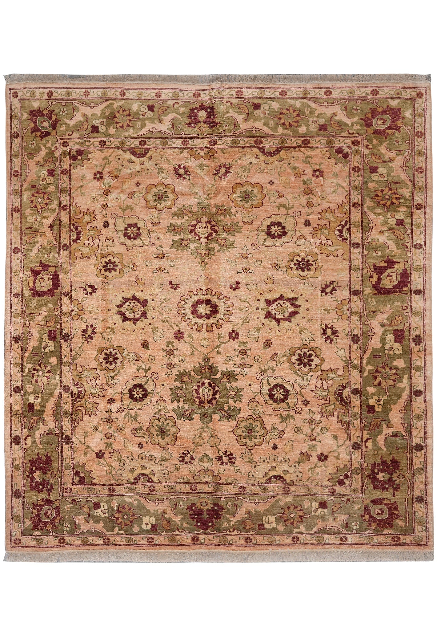 8 x 8.5 Hand-Knotted Jaipur Rug Quality Wool Peach Green: 8 x 8.5 Hand-Knotted Jaipur Rug Quality Wool Peach Green Free continental US Shipping This hand-knotted Jaipur rug features a quality wool construction in a peach and green palette. Handmade by skille