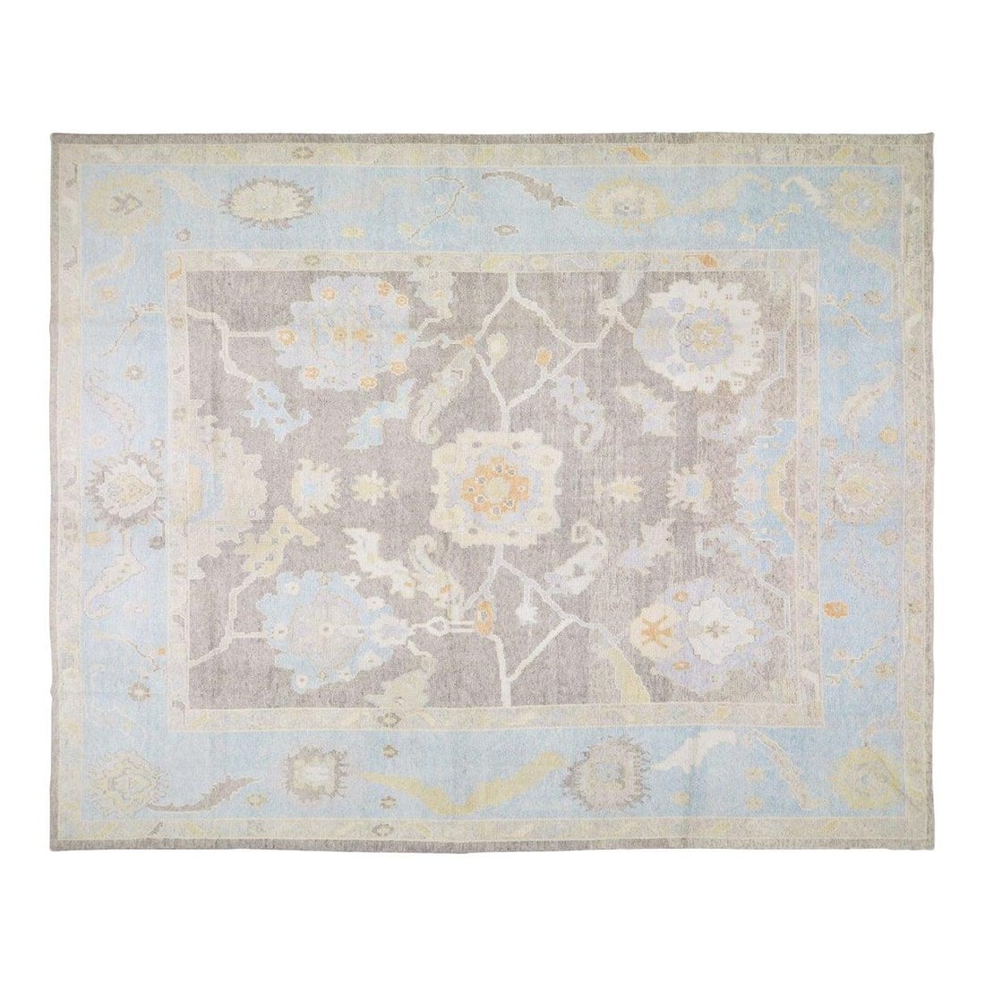 12' x 14'9" Handwoven Wool Oushak Carpet with Brown Allover Pattern: 12' x 14'9" Handwoven Wool Oushak Carpet with Brown Allover Pattern This Turkish hand-woven Oushak rug features an allover design and a silky soft texture. Crafted from wool, it showcases a brown colo
