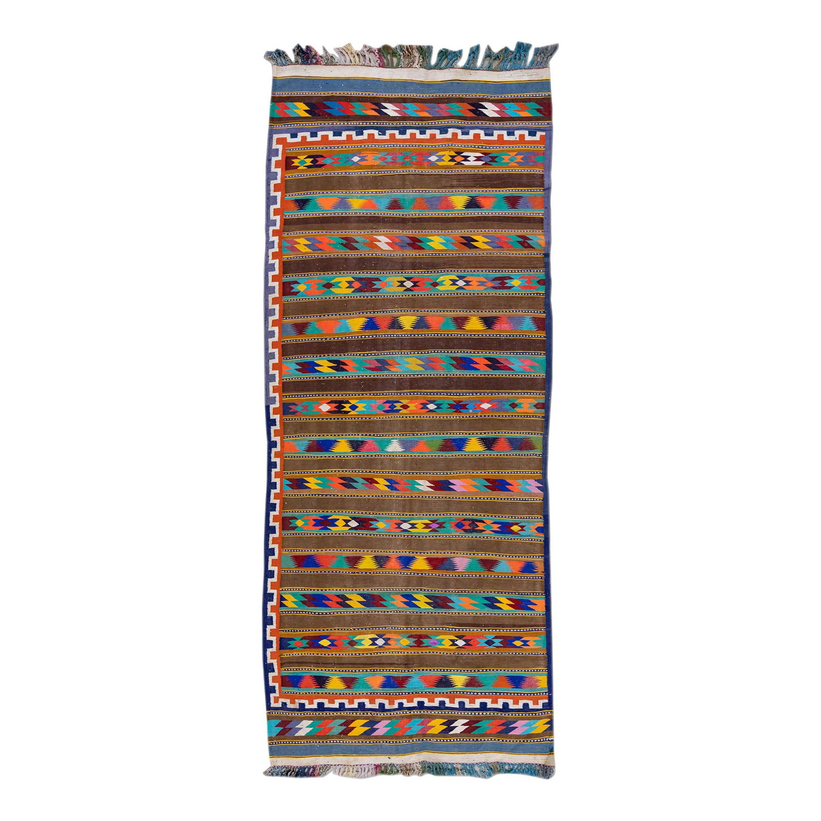Brown Vintage Kilim Wool Runner Geometric Design 3'10 x 9'6: Brown Vintage Kilim Wool Runner Geometric Design 3'10 x 9'6 Enhance your space with this stunning vintage kilim handmade wool runner, featuring a rich brown field adorned with multicolor accents and a