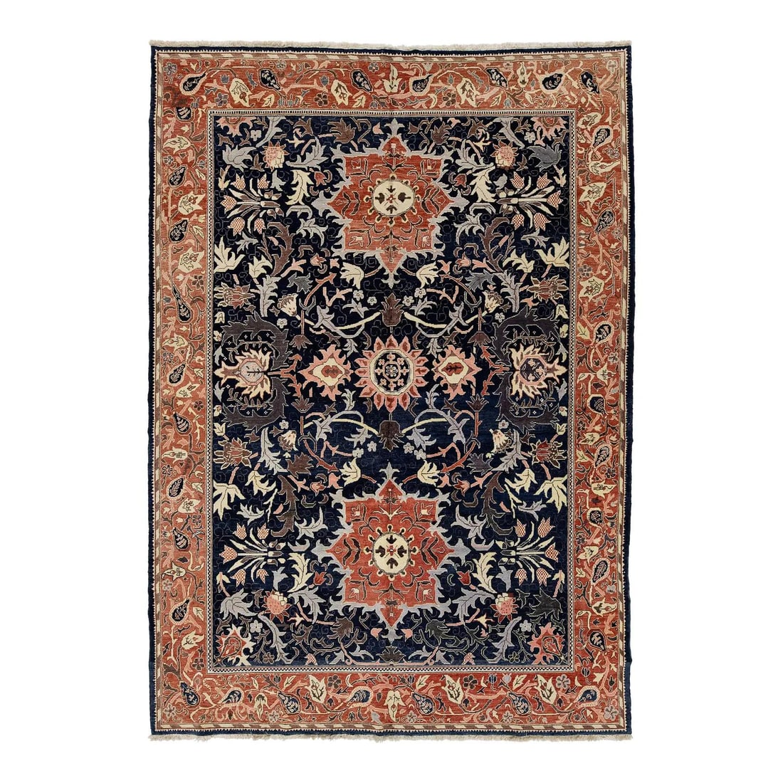 10'3" x 14'8" Hand Knotted Wool Sultanabad Style Rug Navy Terracotta: 10'3" x 14'8" Hand Knotted Wool Sultanabad Style Rug Navy Terracotta Vintage Sultanabad style hand-knotted wool area rug with a navy blue field and oversized palmettes and floral vines in terracotta, 
