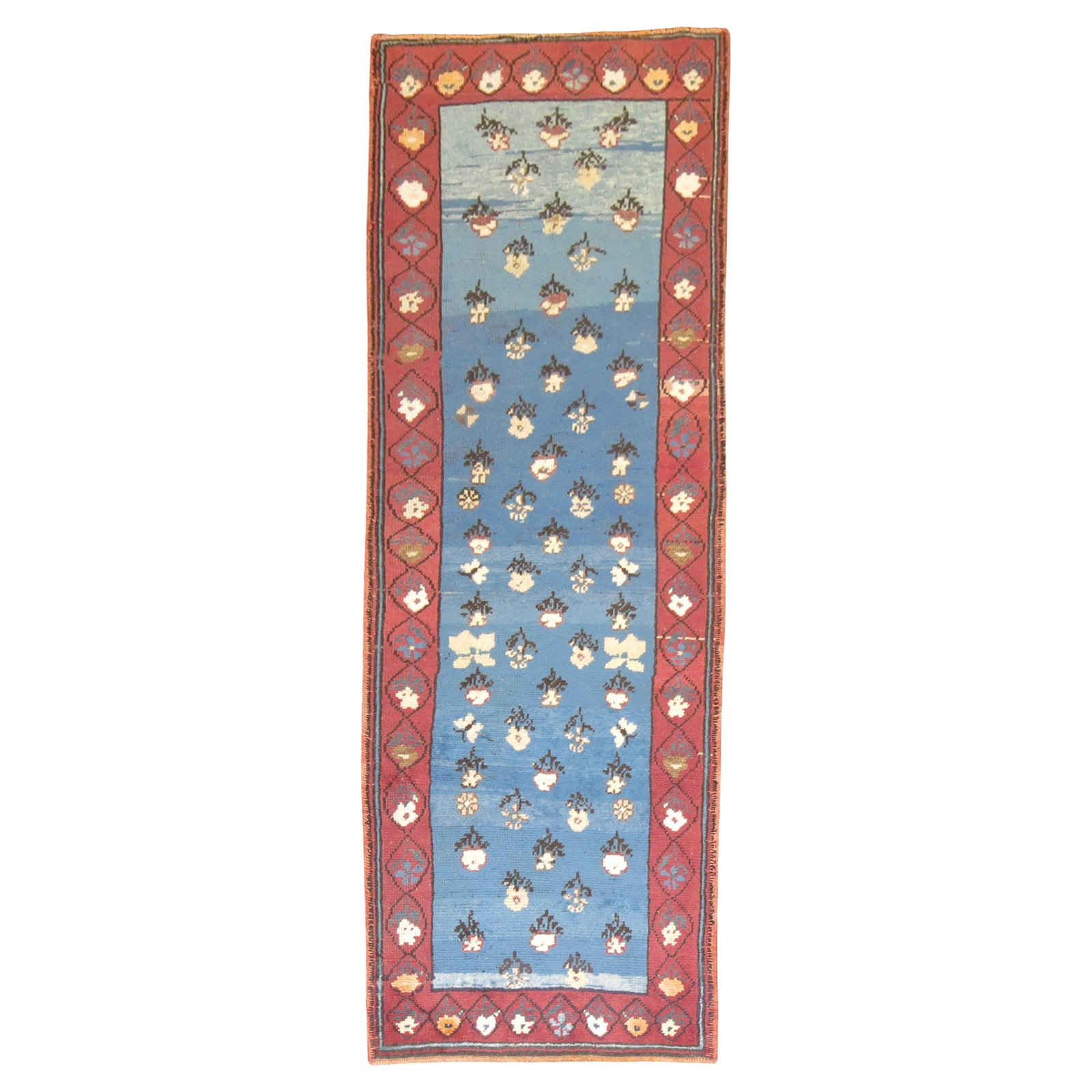 Oushak Style Turkish Wool Runner with Blue Floral Pattern 2'7 x 8'1: Oushak Style Turkish Wool Runner with Blue Floral Pattern 2'7 x 8'1 This one-of-a-kind Turkish Konya runner features an enchanting blue color ground and a classic Oushak style. Expertly hand-woven fro