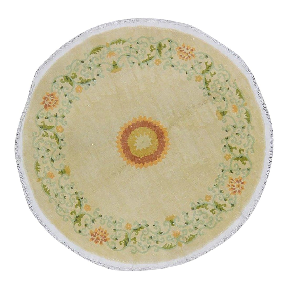 Hand-Knotted Wool Chinese Art Deco Round Rug 70 Inch Green: Hand-Knotted Wool Chinese Art Deco Round Rug 70 Inch Green This vintage Chinese Art Deco round rug is hand-knotted from wool using traditional rug-making techniques. The rug features a rich green colo