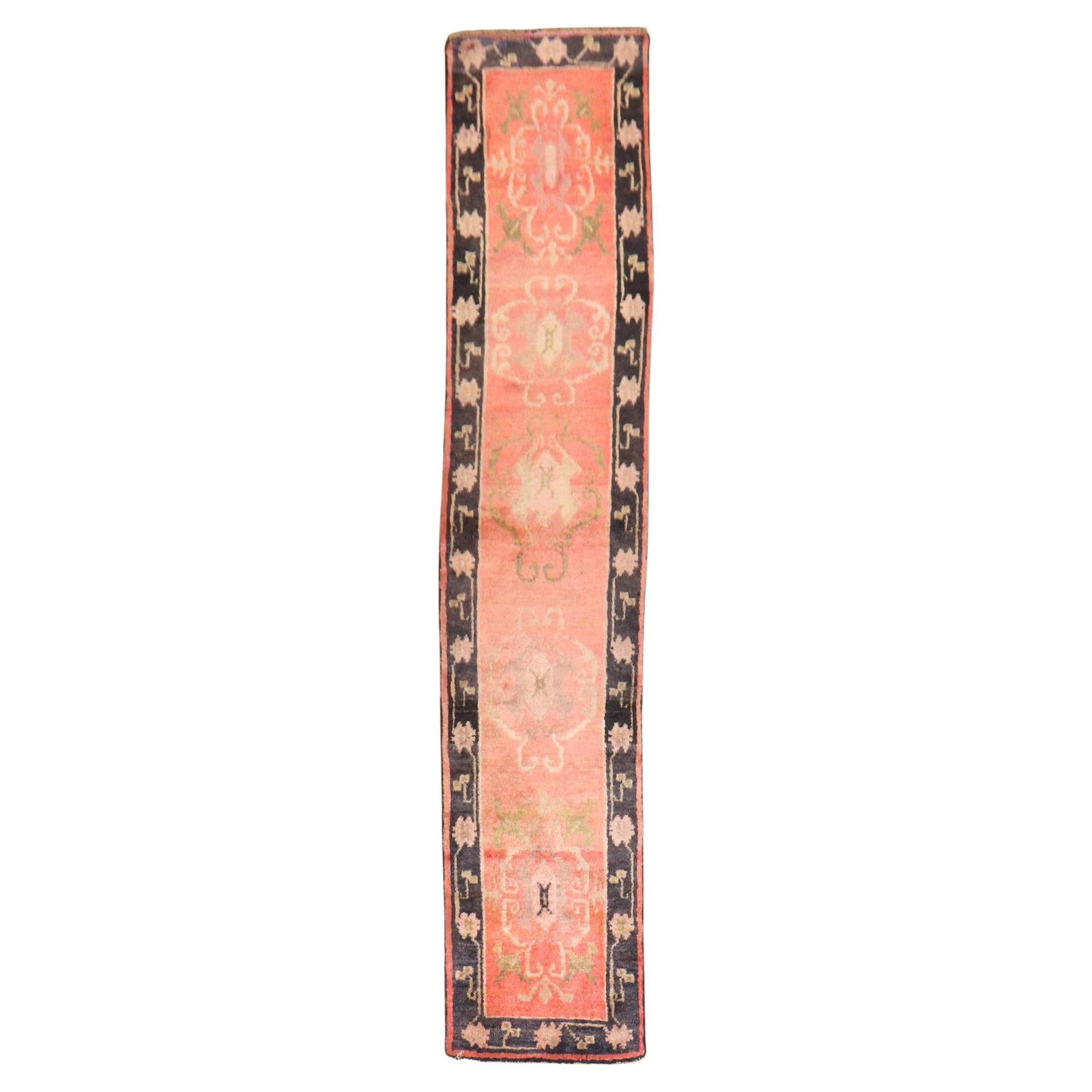 Vintage 1930s Khotan Hand-Knotted Wool Runner 19x90 Orange: Vintage 1930s Khotan Hand-Knotted Wool Runner 19x90 Orange This exquisite narrow antique Tibetan runner features a vibrant orange tone, crafted using traditional hand-knotting techniques from high-qua