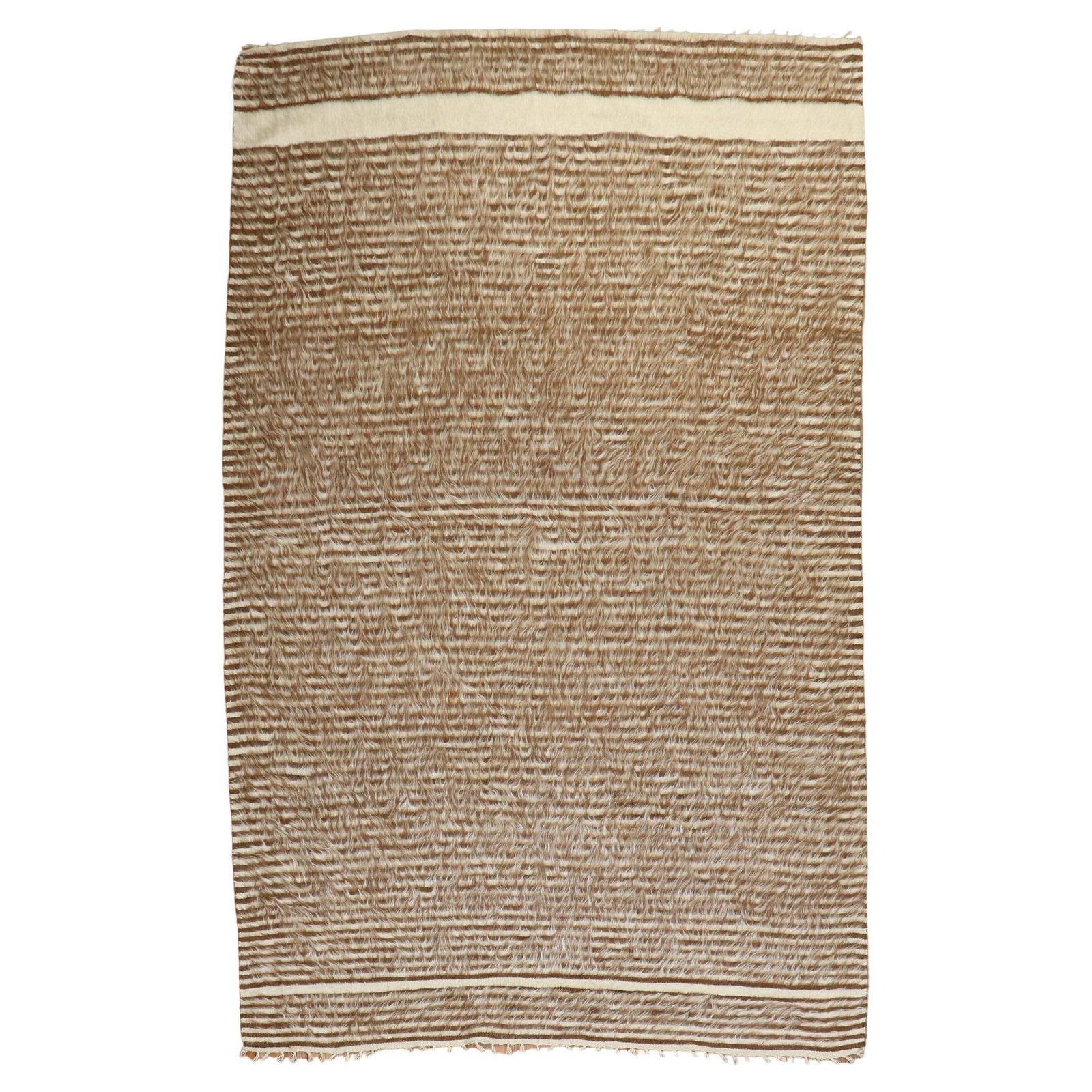 Mid-Century Modern Zabihi Mohair Rug 54x79 in Turkey: Mid-Century Modern Zabihi Mohair Rug 54x79 in Turkey Introducing a stunning 20th Century Turkish Mohair Striped Rug, showcasing a captivating Mid-Century Modern style. Crafted from premium Angora and 