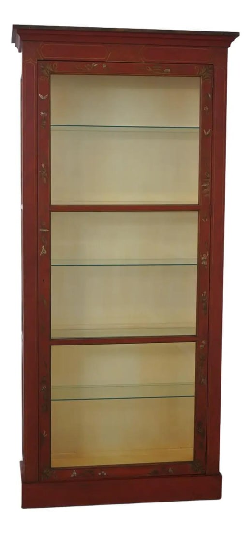Baker Chinoiserie Lighted Wood Vitrine Cabinet: Baker Chinoiserie Lighted Wood Vitrine Cabinet This Baker Collector's Edition Chinoiserie vitrine cabinet features hand-painted decoration and a lighted interior, showcasing high-quality construction.