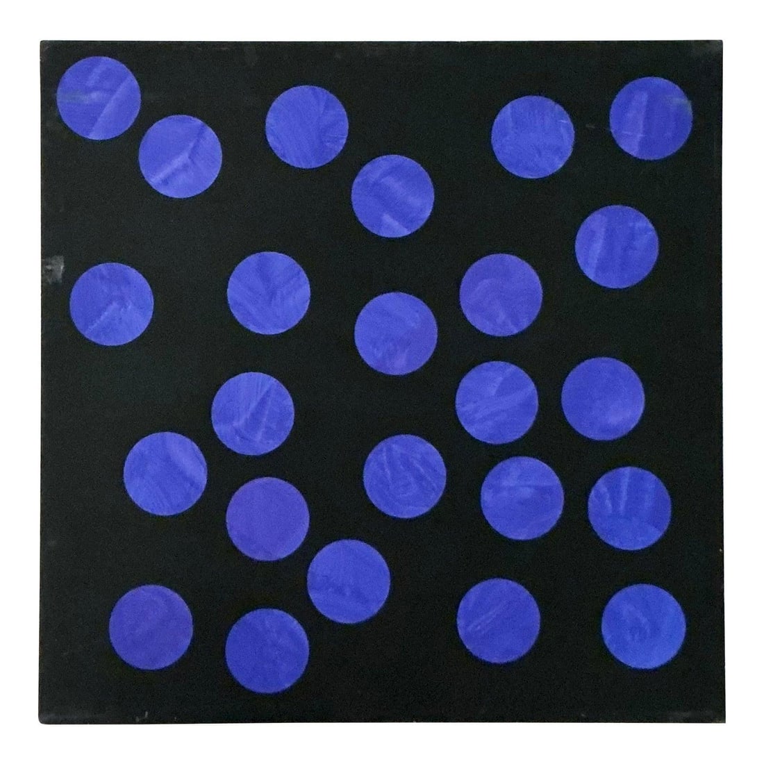 Square Oil Painting With Blue Circles on Black Canvas Geometric Art 39.25": Square Oil Painting With Blue Circles on Black Canvas Geometric Art 39.25" This vintage Boho abstract geometric oil painting on canvas features a bold composition inspired by Mid-Century Op Art and Po