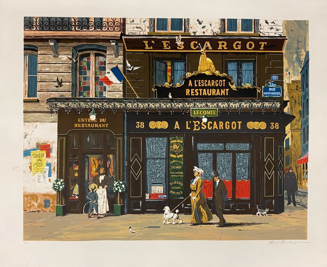 Bruce Bomberger L'escargot Pencil Signed Limited Edition Lithograph: Bruce Bomberger L'escargot Pencil Signed Limited Edition Lithograph This striking limited edition lithograph by Bruce Bomberger, titled 'L'escargot', showcases a captivating cityscape in a medium size