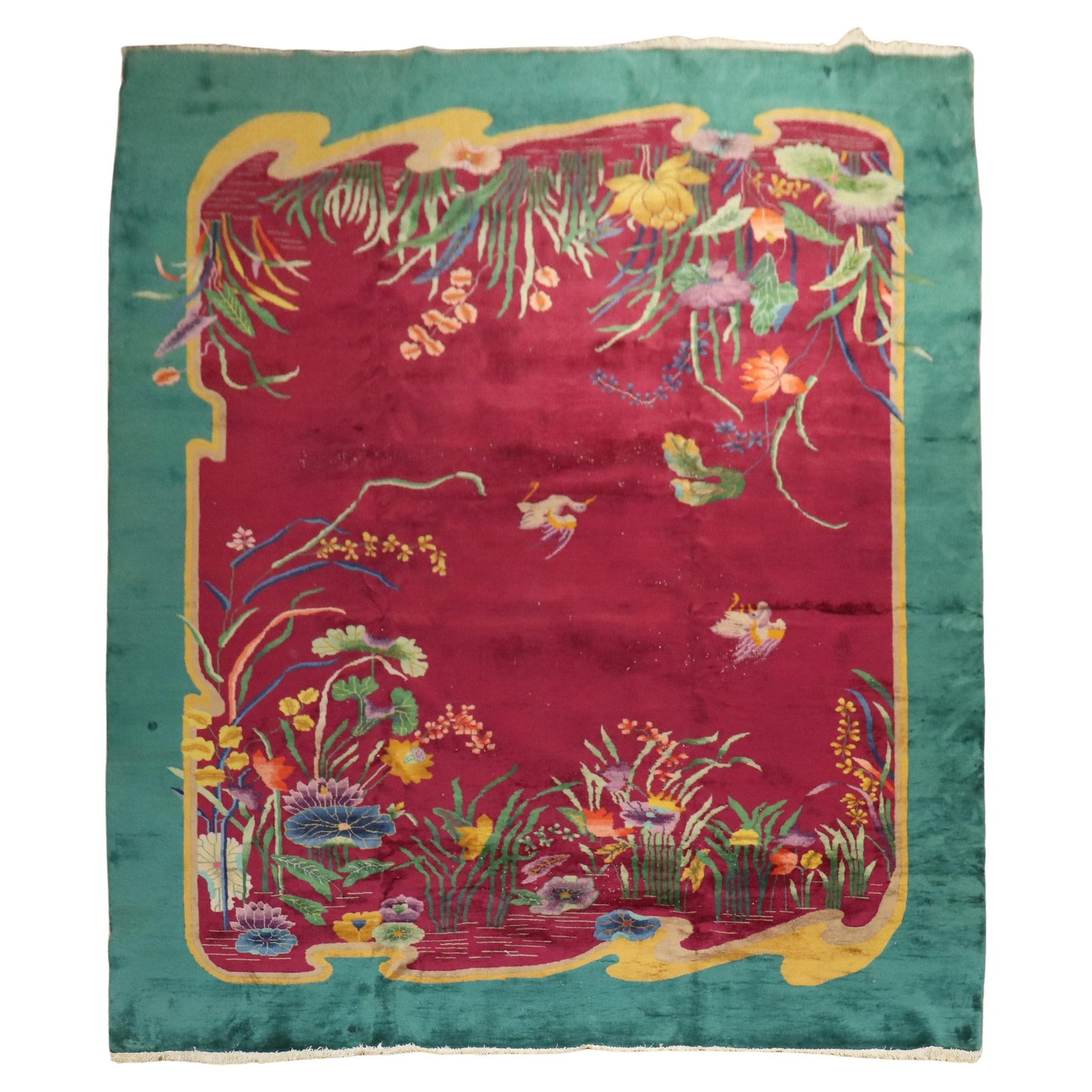Large Antique Chinese Art Deco Carpet Burgundy Floral Wool 9'10 x 13'5: Large Antique Chinese Art Deco Carpet Burgundy Floral Wool 9'10 x 13'5 Discover the elegance of this stunning antique Chinese Art Deco carpet, featuring a captivating floral design set against a rich 