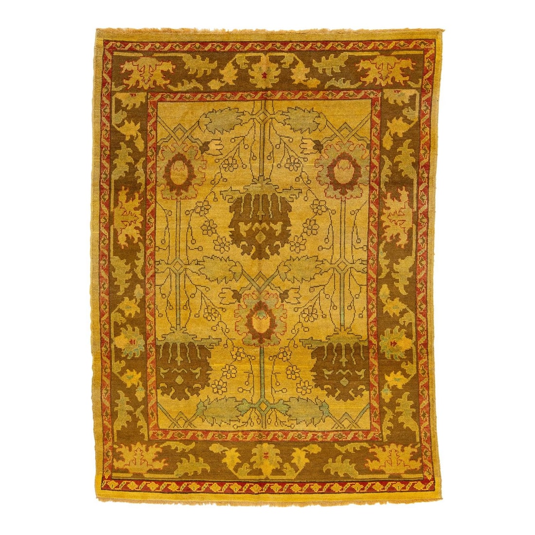 Vintage 1950s Goldenrod Oushak Handmade Wool Floral Rug 7'11 x 10'9: Vintage 1950s Goldenrod Oushak Handmade Wool Floral Rug 7'11 x 10'9 Discover the charm of this exquisite vintage 1950s Oushak handmade wool rug. Featuring a stunning goldenrod field adorned with an el
