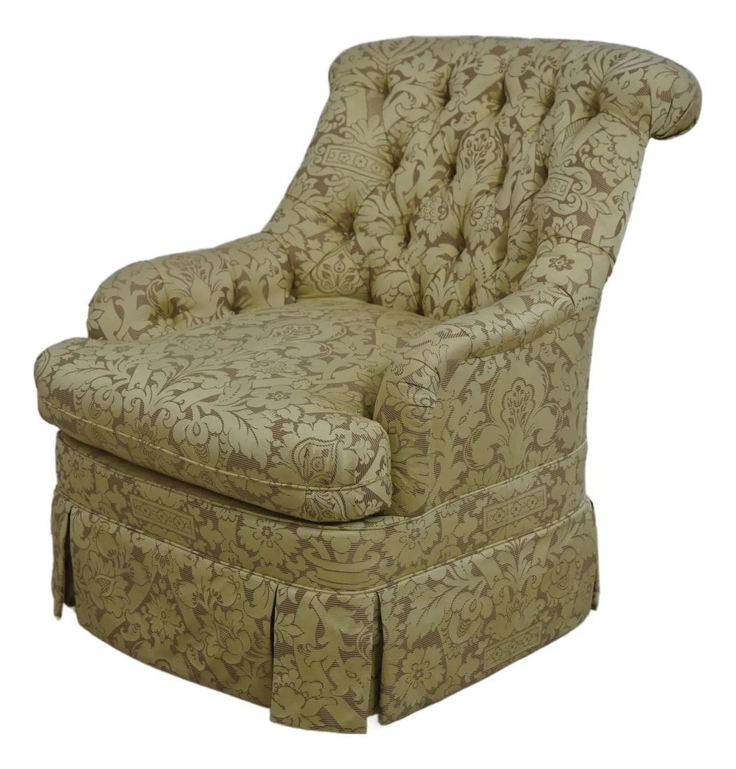 Swivel Damask Club Chair by Hickory Chair Co: Swivel Damask Club Chair by Hickory Chair Co This club chair features high-quality damask upholstery in a yellow tone and a tufted back, offering both comfort and elegance. It is equipped with a swive